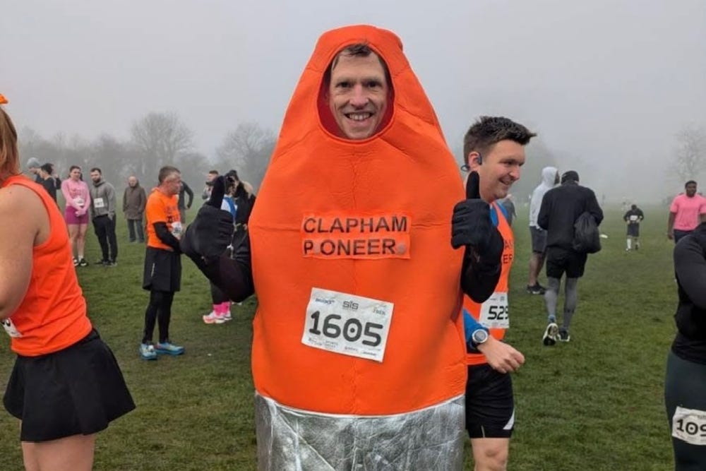 Michael Wiggins will attempt to break the record for the fastest person to run the London Marathon in a traffic cone costume (Michael Wiggins/PA)