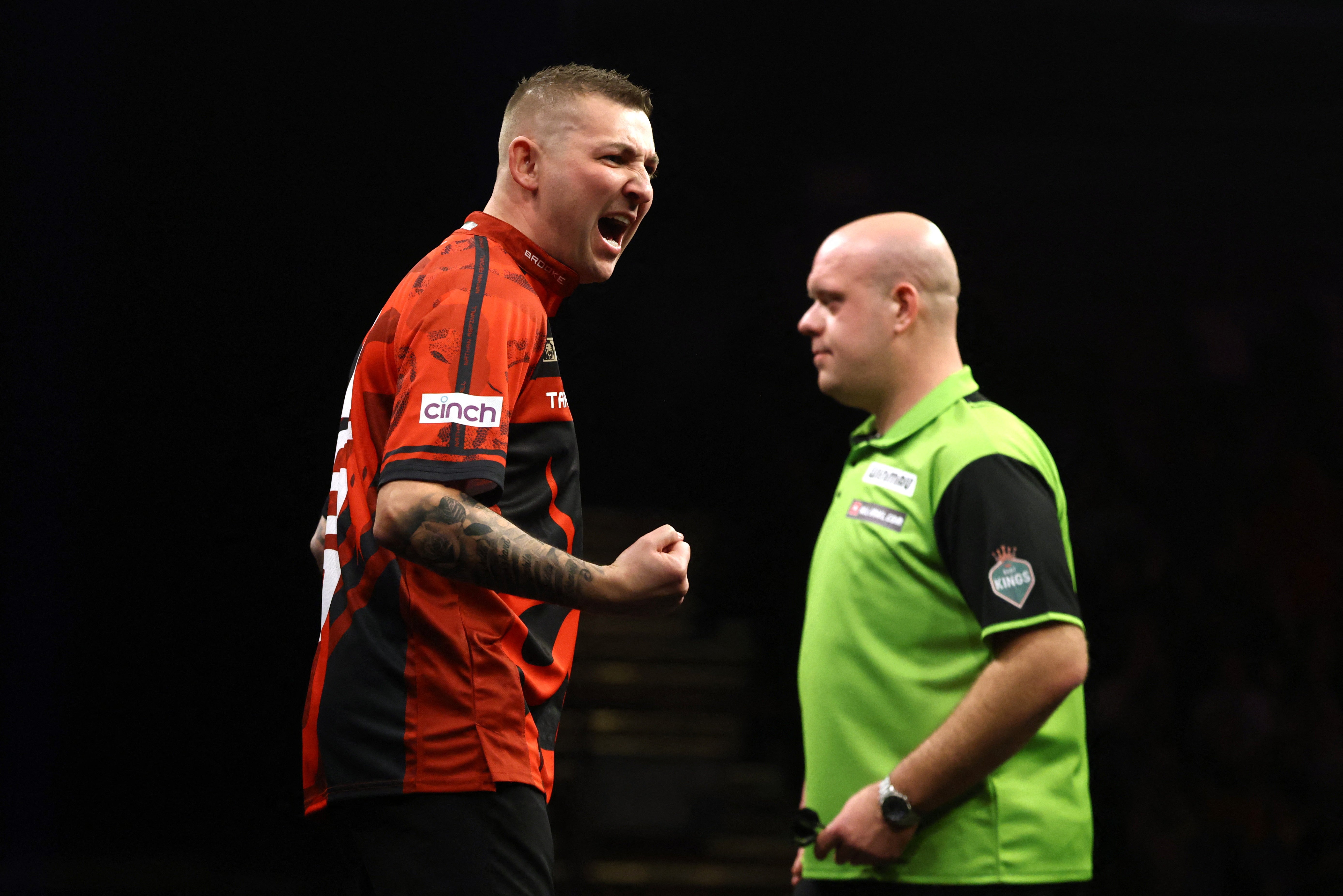 Nathan Aspinall (left) and Michael van Gerwen are aiming to dethrone Littler in the Darts Premier League