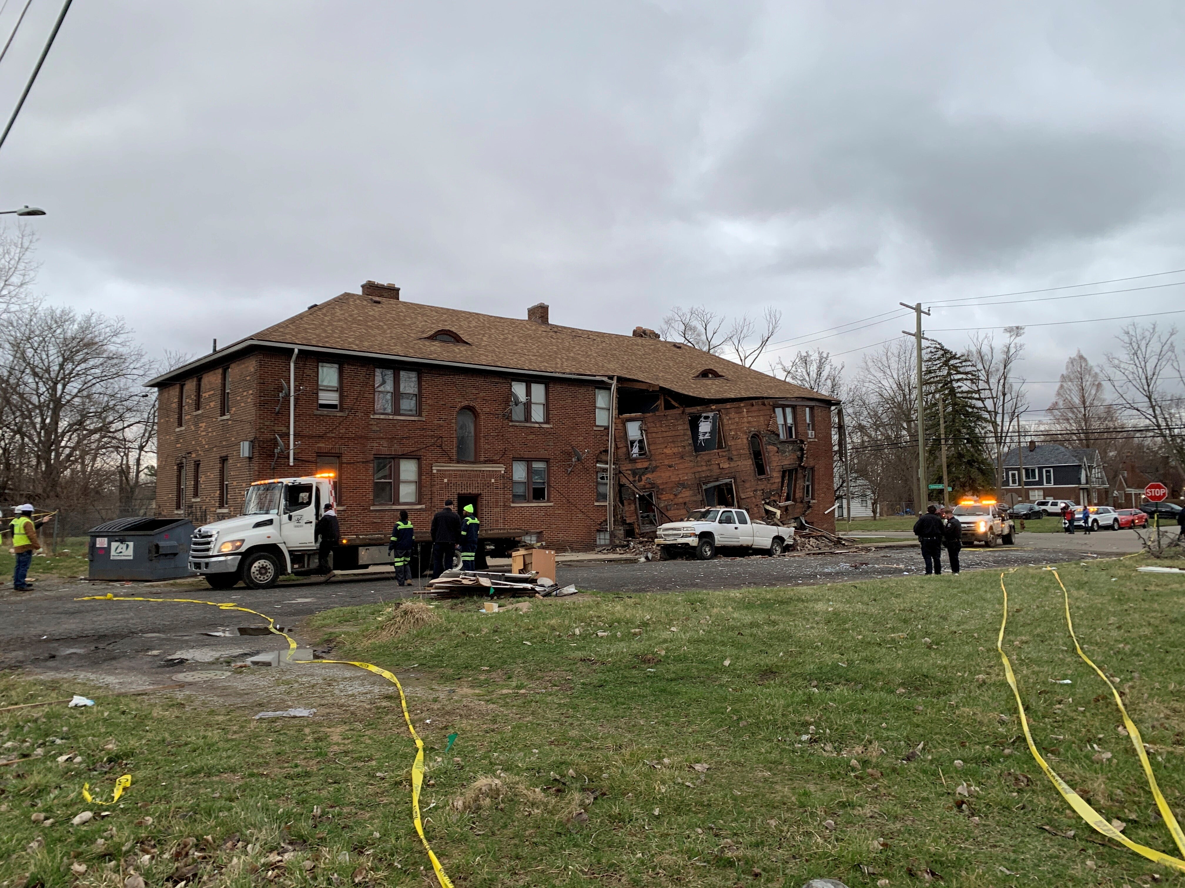 Crews work on the scene after an apartment explosion on March 31 in Detroit
