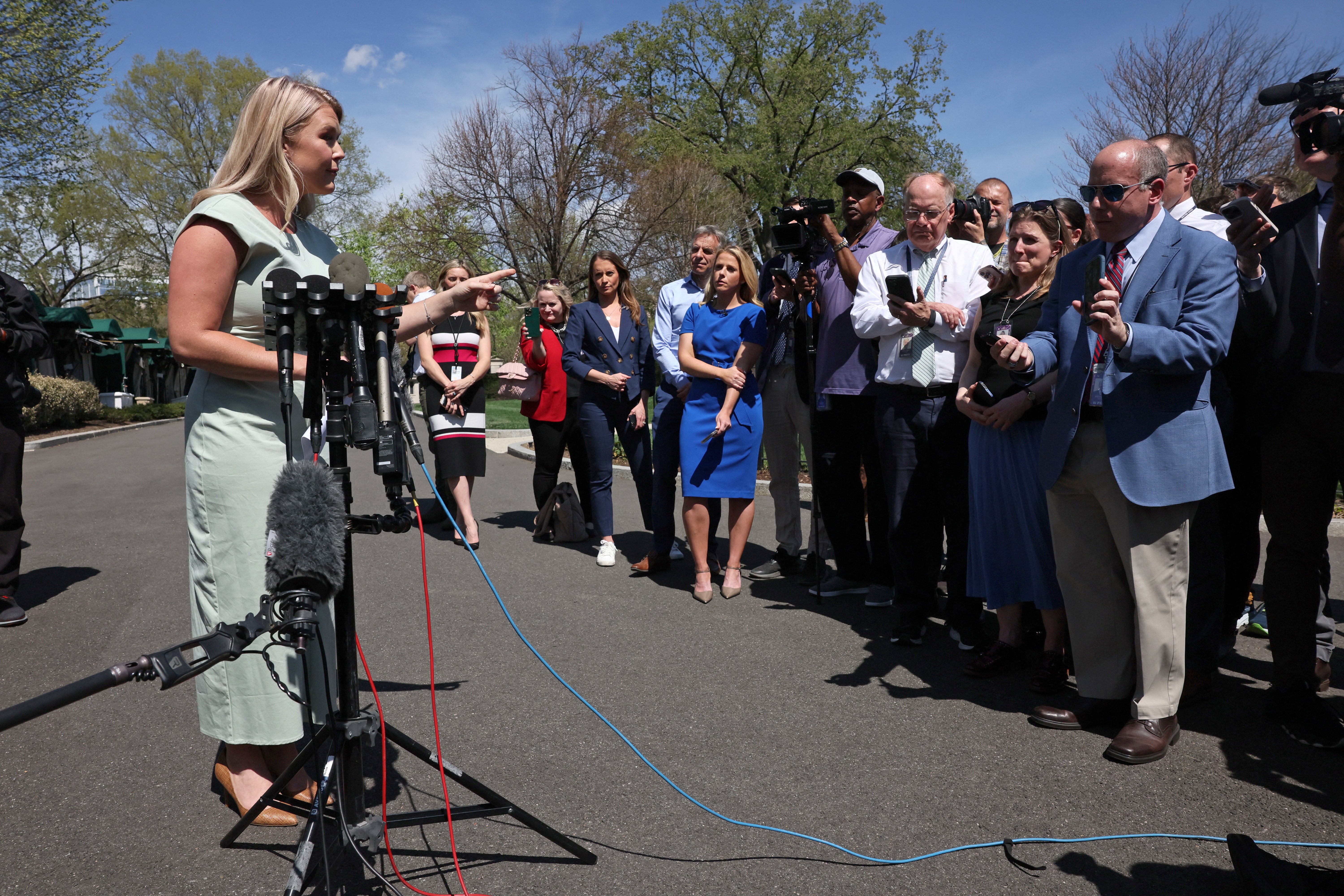 White House press secretary Karoline Leavitt speaks to The Independent's Andrew Feinberg and other members of the news media at the White House in Washington, D.C. on March 31