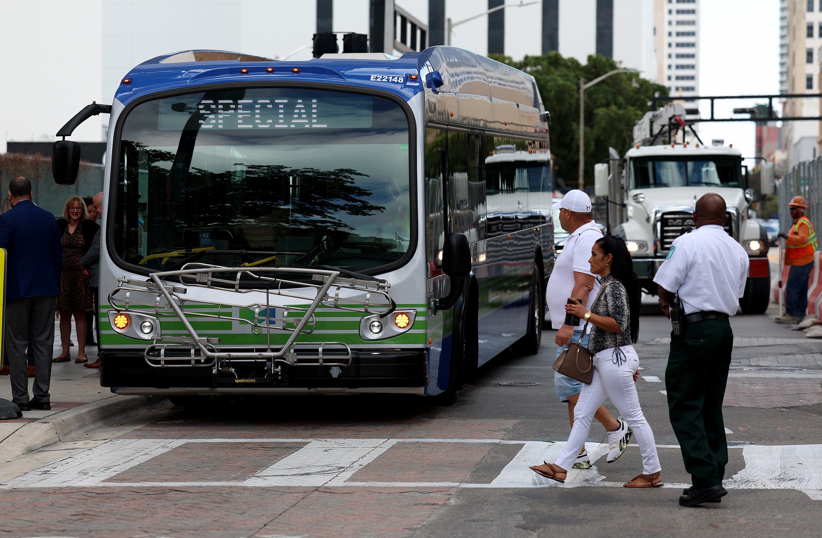 A Miami-Dade Transit electric bus on its maiden voyage in February 2023
