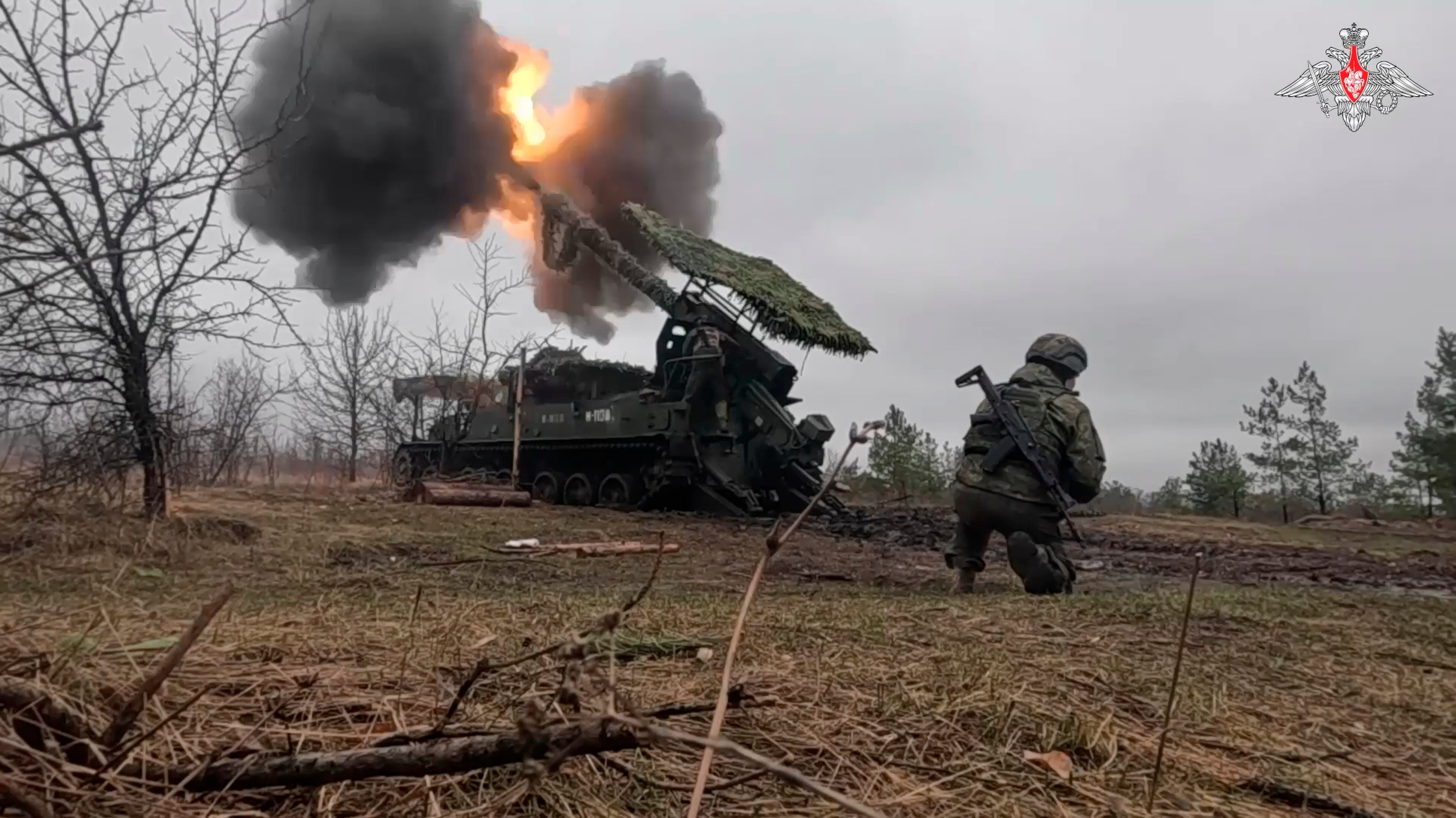 A Russian Army 2S5 howitzer Giatsint-S fires towards Ukrainian positions