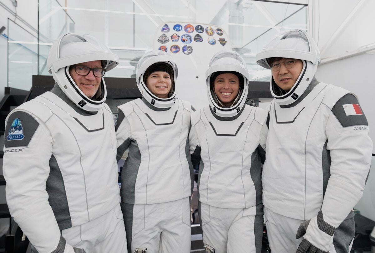 From left: Eric Philips, a polar guide from Australia; Rabea Rogge, a robotics researcher from Germany; Norwegian filmmaker Jannicke Mikkelsen and Chun Wang, a Chinese-born bitcoin investor who is paying for the whole spaceflight and now lives in Malta