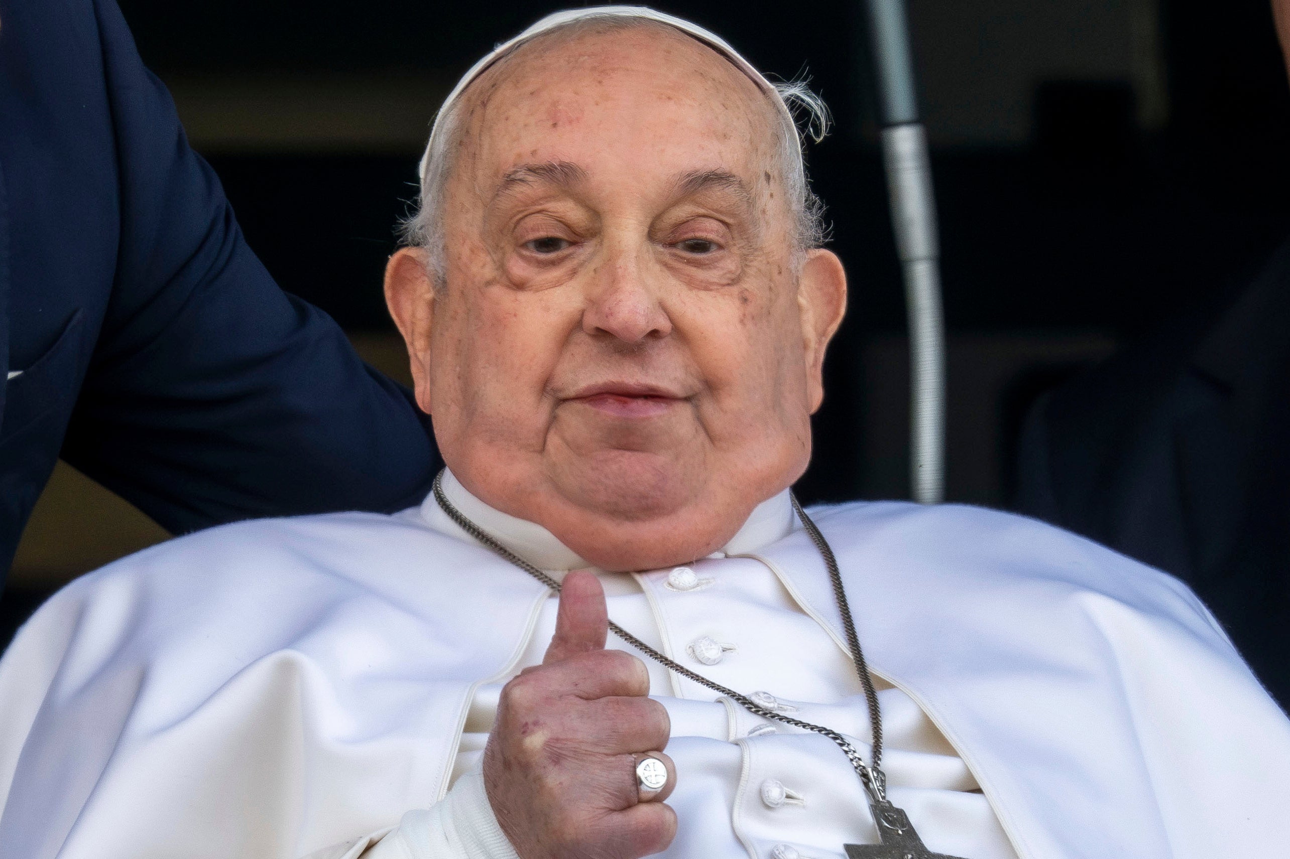 Pope Francis appears at a window of the Agostino Gemelli Polyclinic in Rome