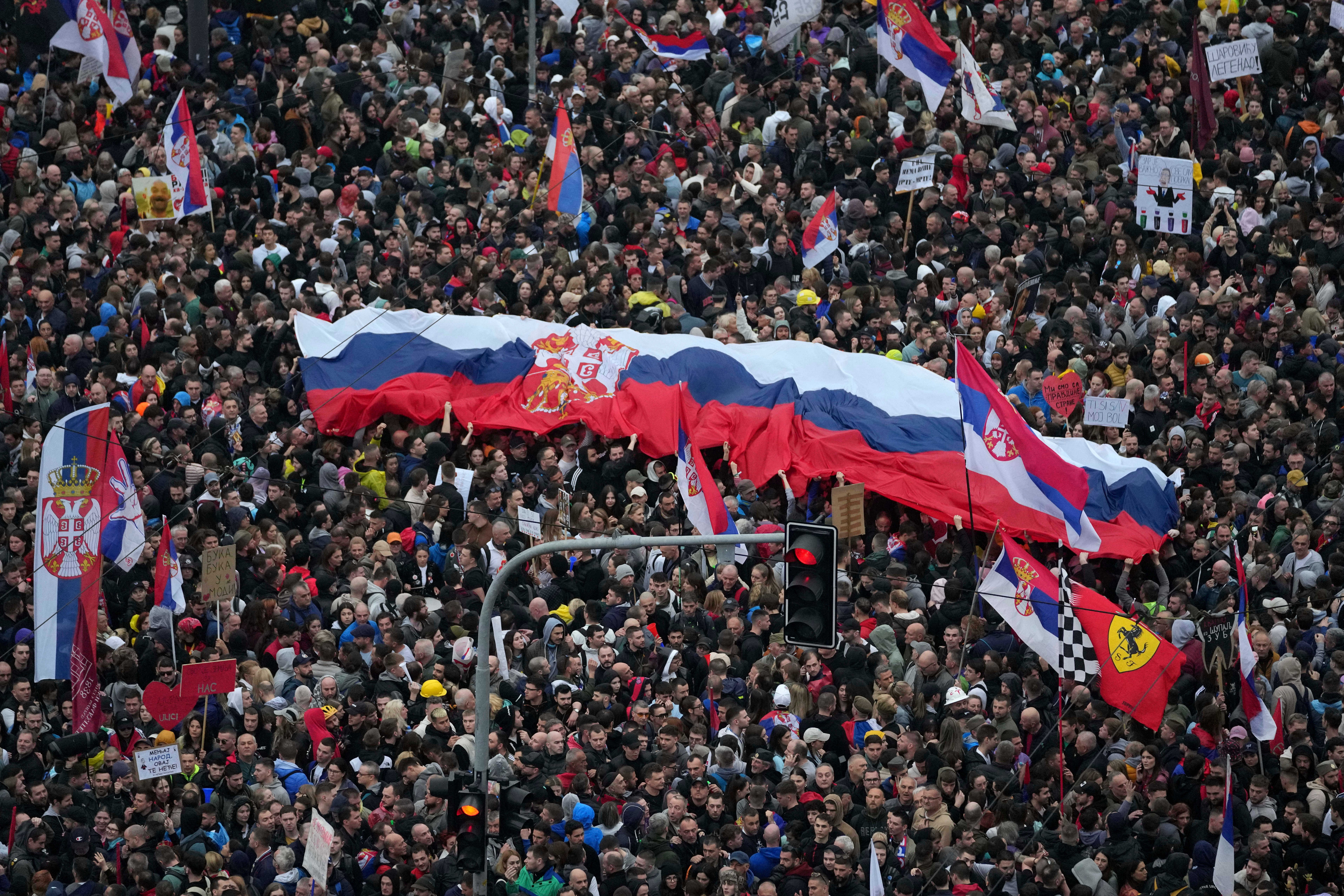 Protesters rally against Serbia's President Aleksandar Vucic and his government in downtown Belgrade, Serbia, 15 March 2025