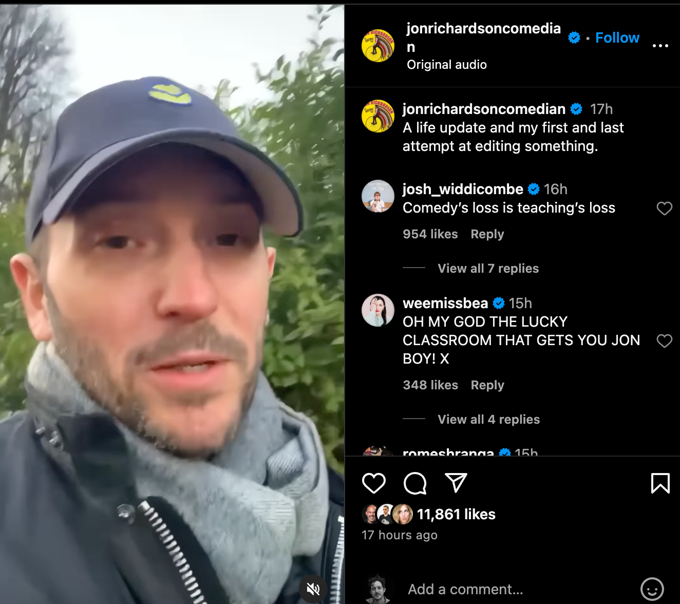 Comedian Jon Richardson announces career change on Instagram