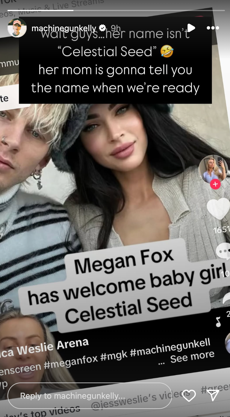 Machine Gun Kelly responds to a claim he and Megan Fox have named their child 'Celestial Seed'