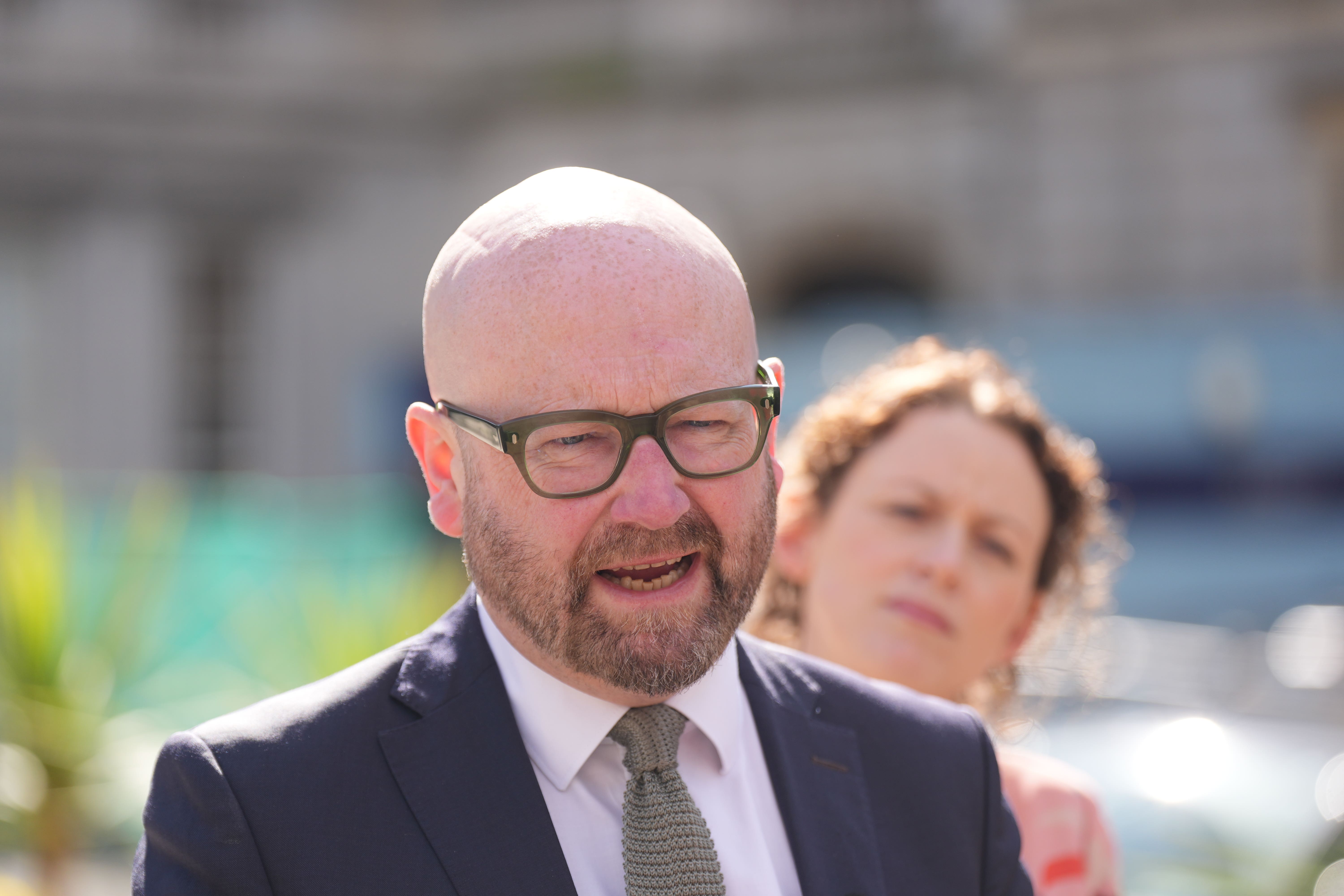 Ged Nash of the Labour Party speaks to the media outside Leinster House, Dublin, as Verona Murphy, the speaker of the Irish parliament, faces a confidence motion on Tuesday over her handling of a vote that cut opposition speaking rights (Niall Carson/PA)