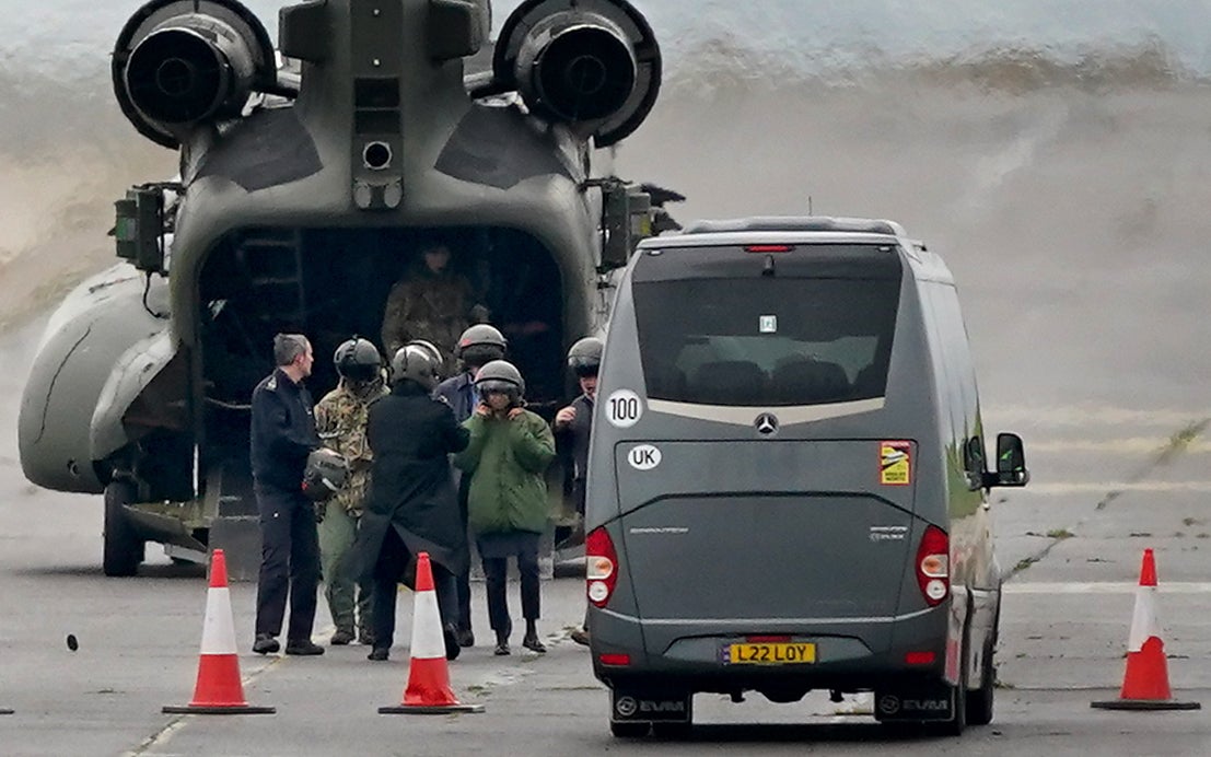 Then-Home Secretary Suella Braverman arrives in a Chinook helicopter for a visit to the Manston in 2022