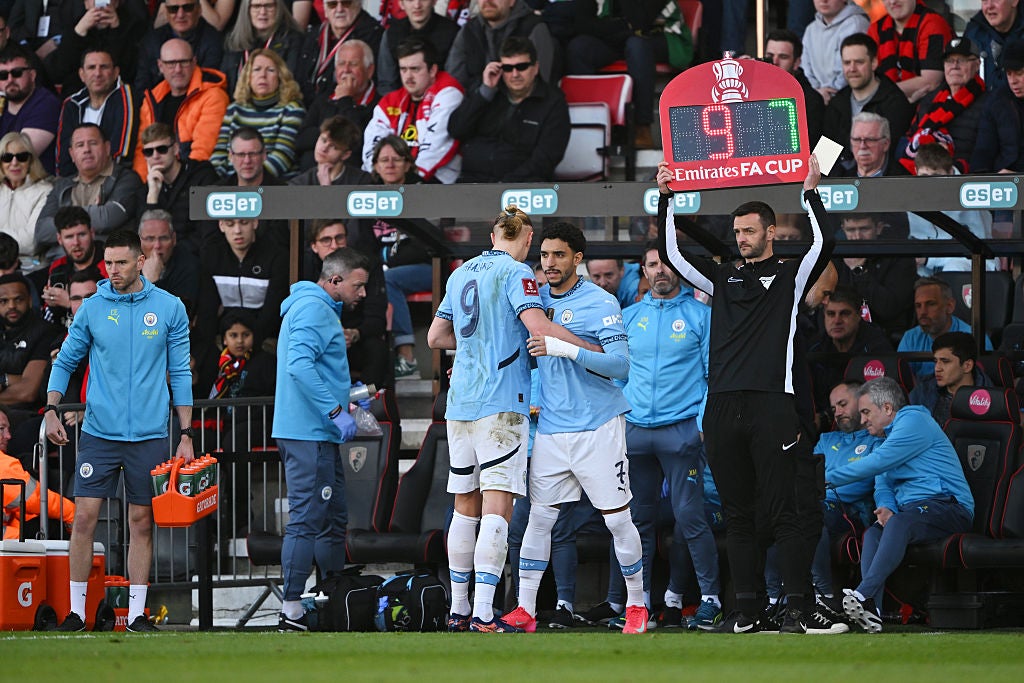 Haaland was forced off during City's FA Cup quarter-final win over Bournemouth