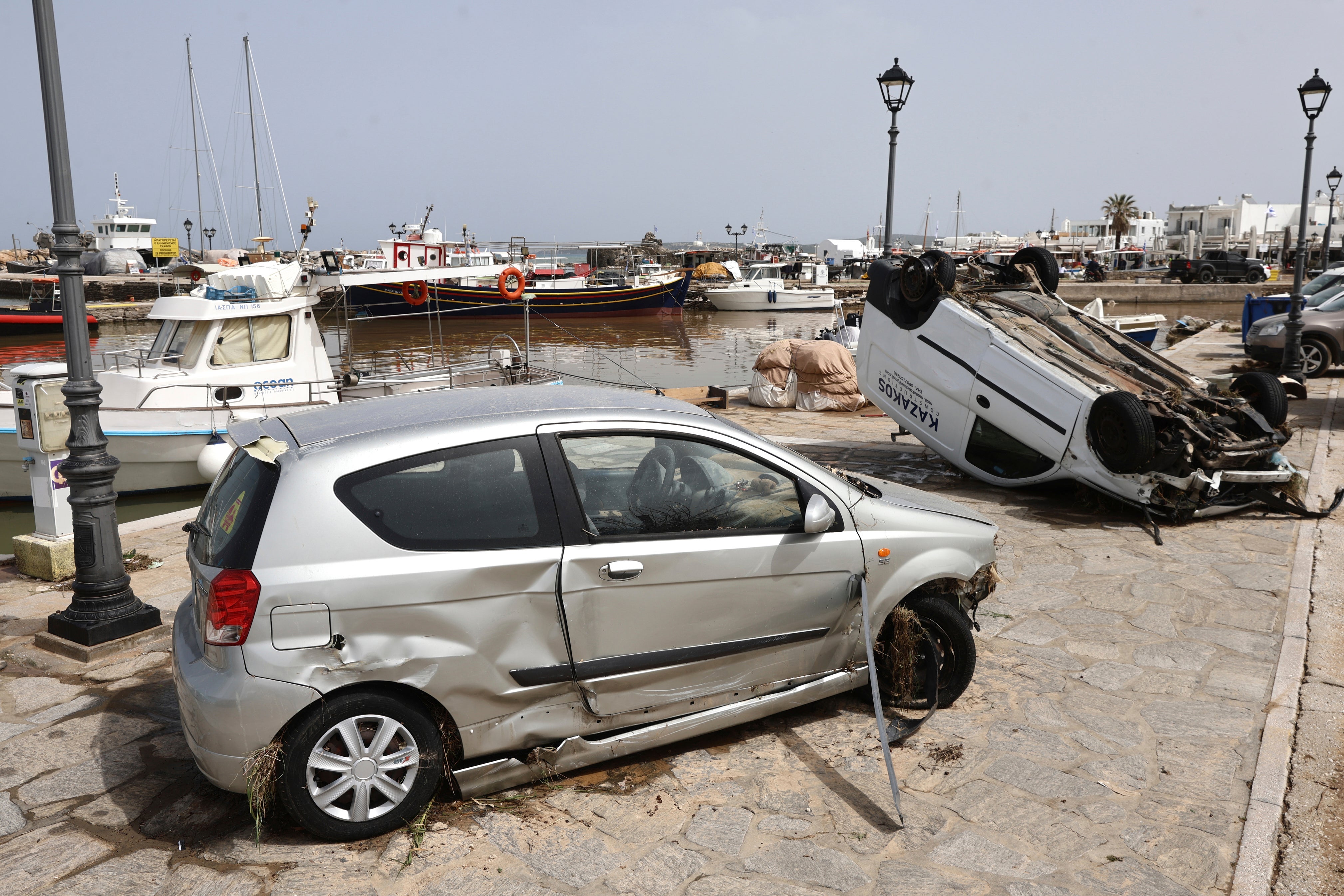 A powerful storm has flooded homes and damaged roads on Paros