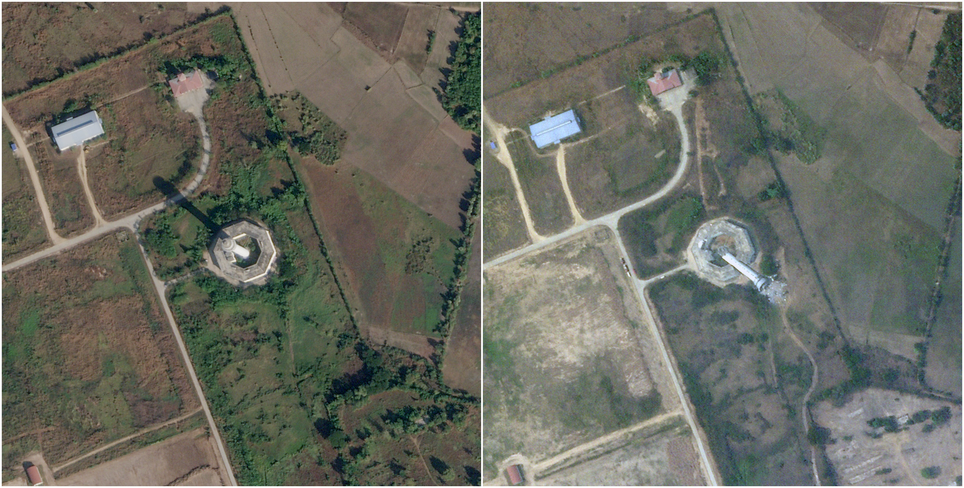 Comparison imagery of the control tower collapse at Naypyidaw International Airport, Myanmar