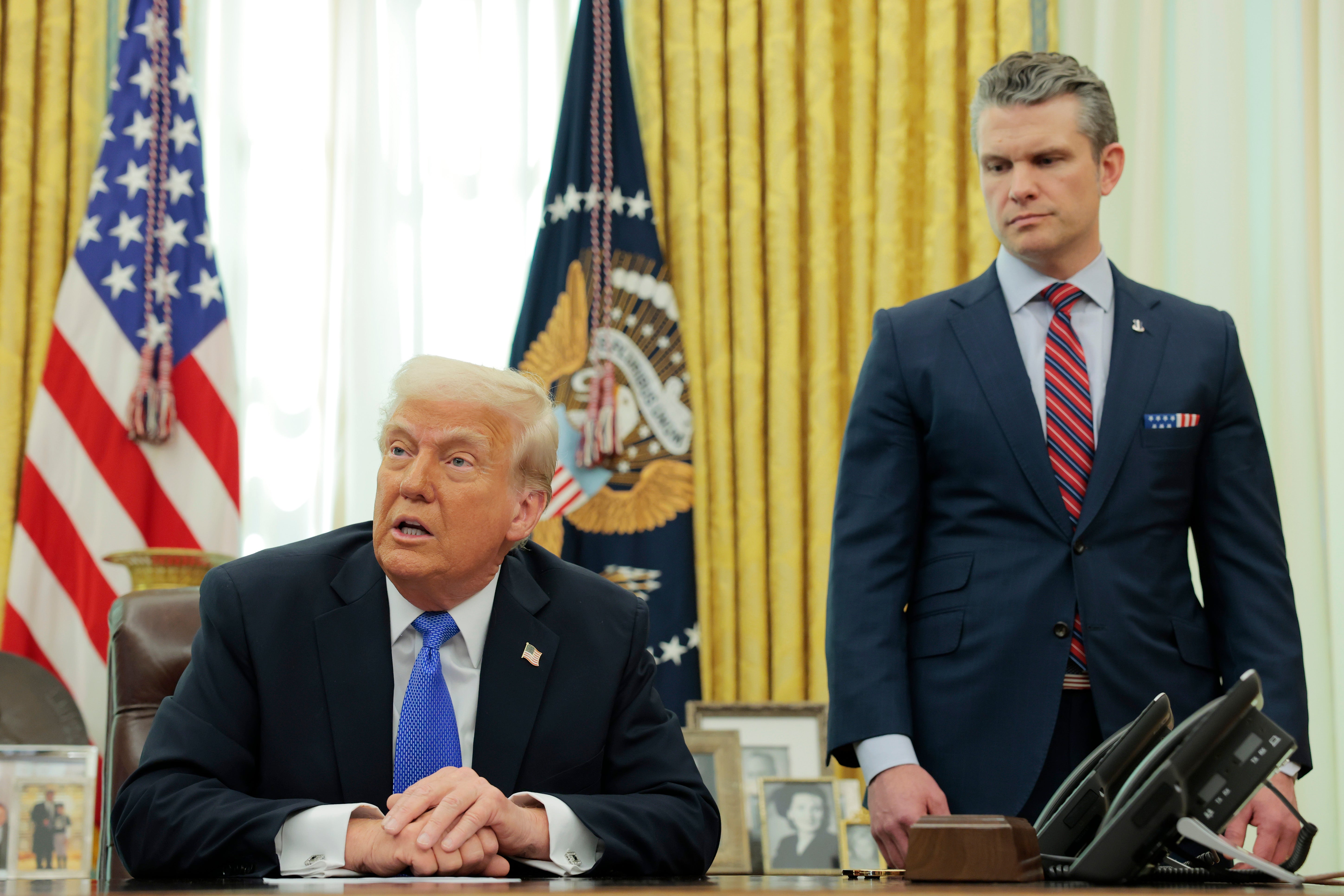 President Donald Trump speaks alongside U.S. Secretary of Defense Pete Hegseth in the Oval Office announcing the F-47