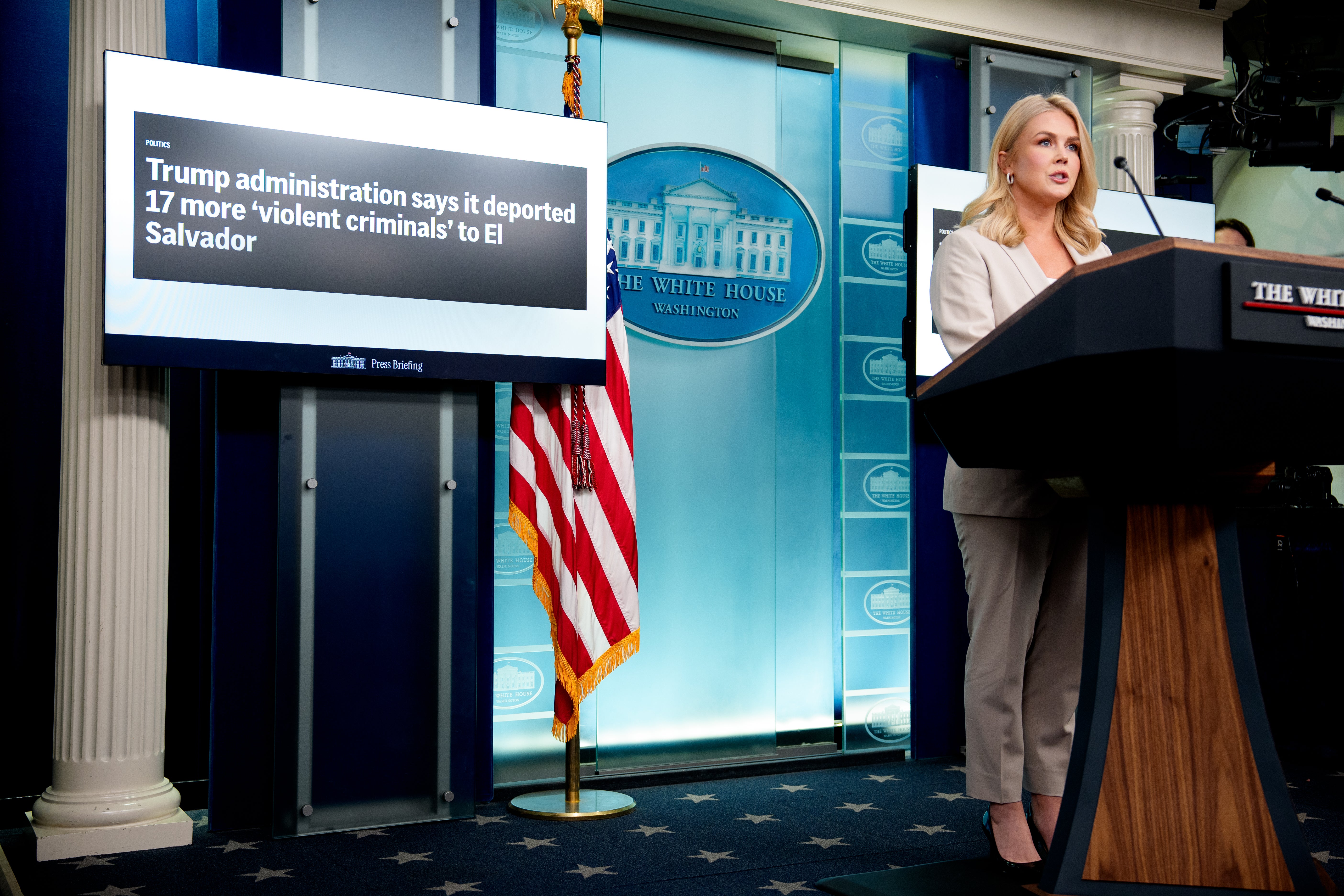 White House press secretary Karoline Leavitt defended the removal of a Salvadoran immigrant who was deported to that country’s notorious jail despite a judge’s order, which administration officials said in court documents was the result of an ‘administrative error’