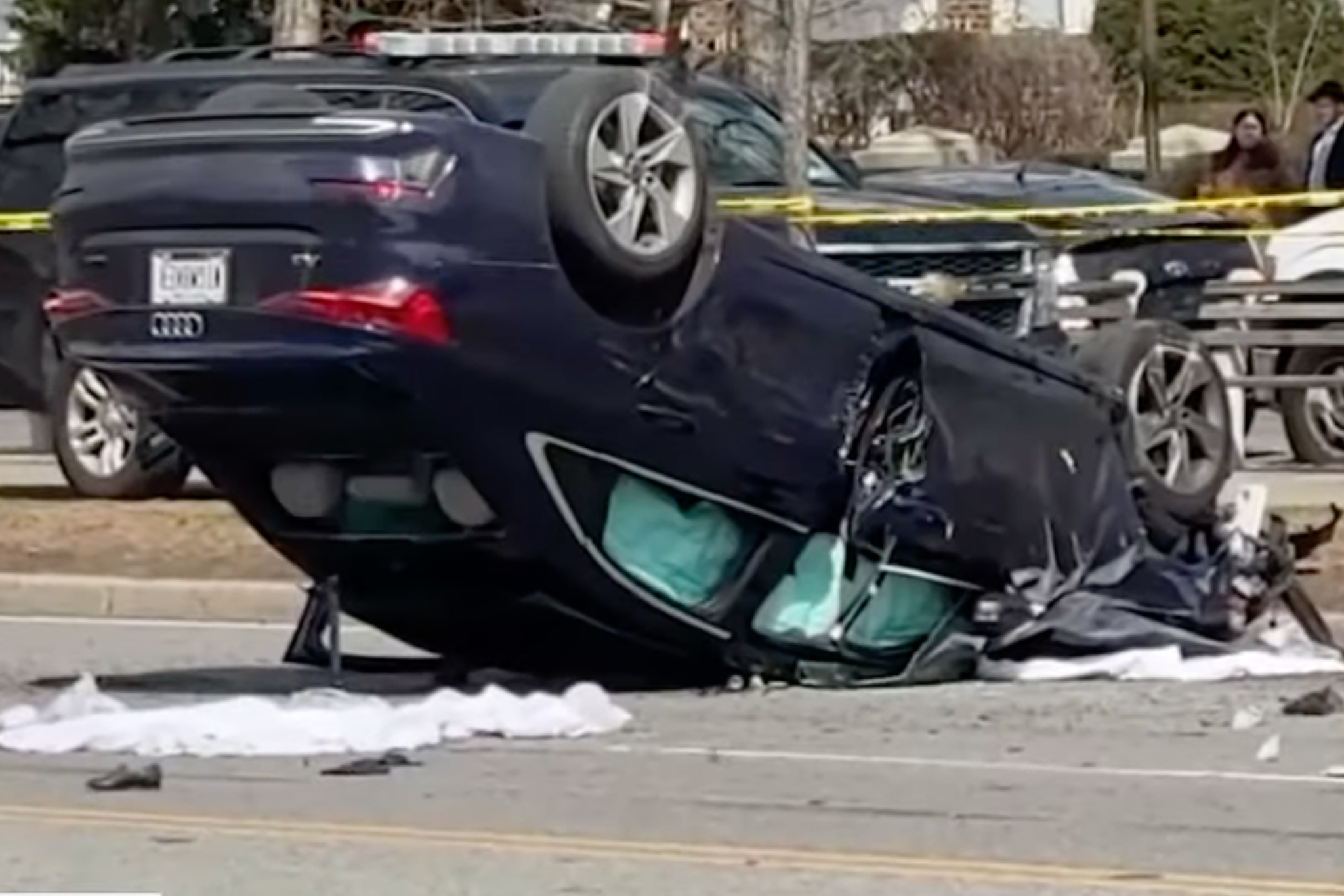 The blue Audi overturned in the crash