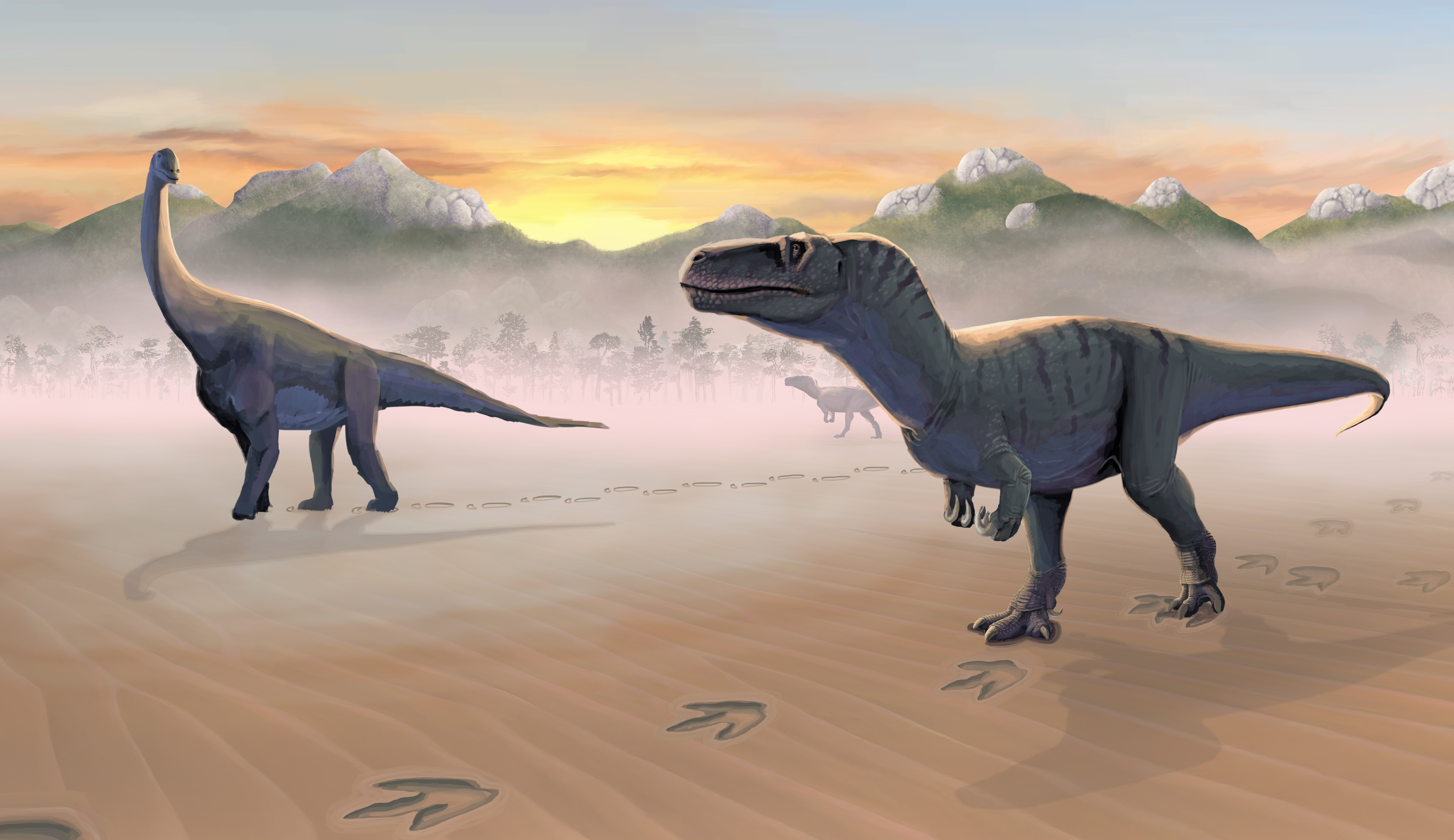 An artist rendition of meat eating megalosaurs and plant eating sauropods mingling at a site on Prince Charles's Point on the Isle of Skye