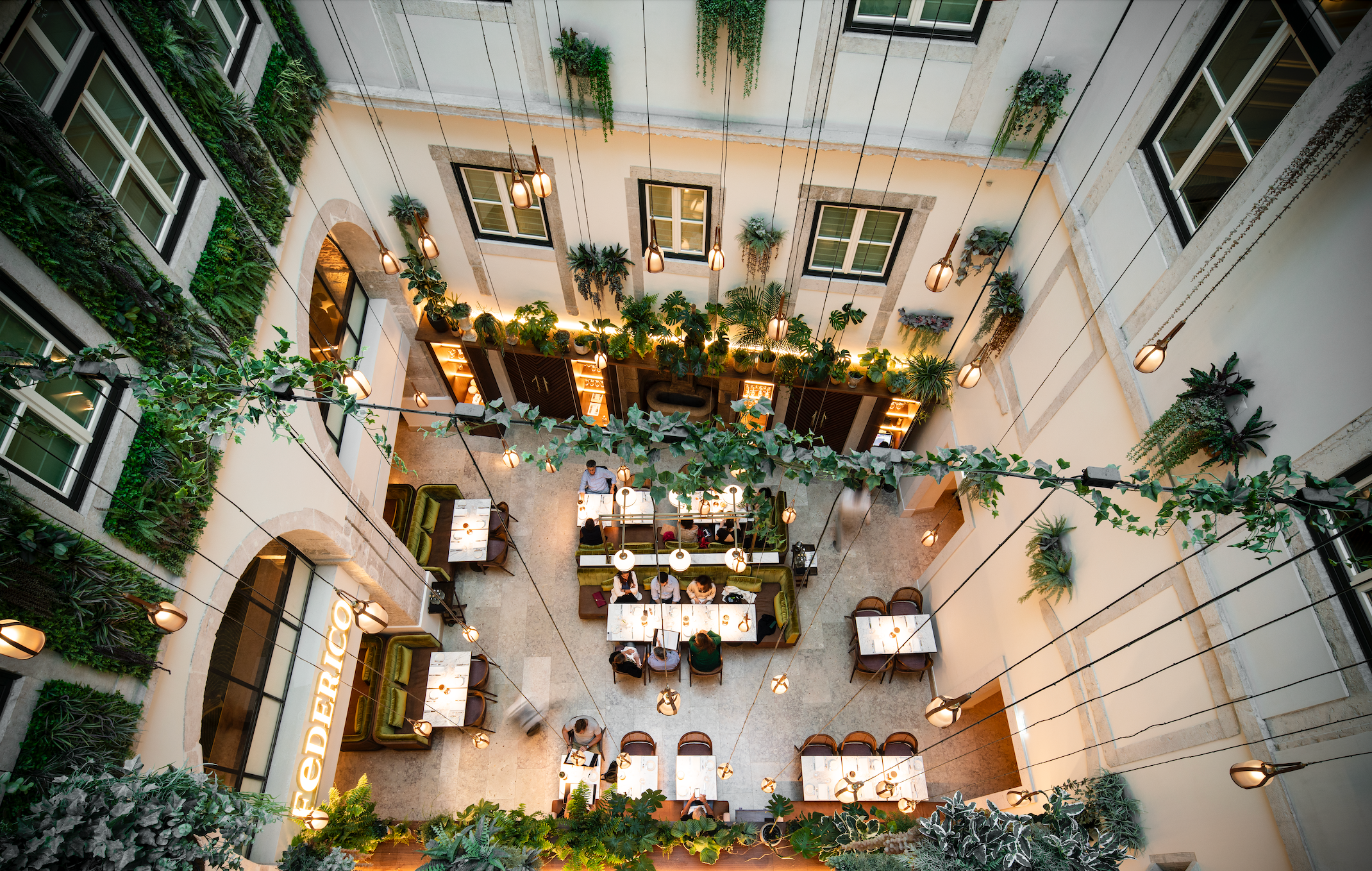 Looking down on the Federico Restaurant, Palacio Ludovice hotel