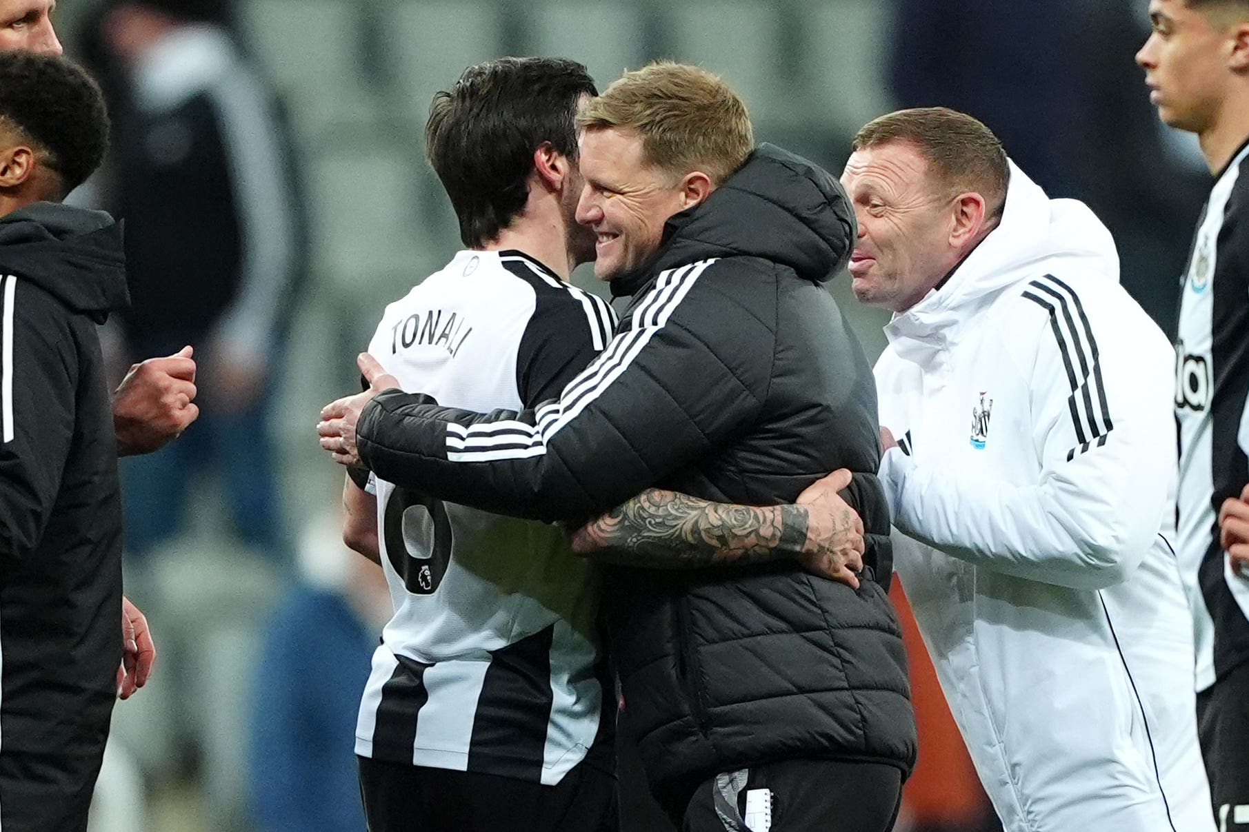 Sandro Tonali greets Newcastle manager Eddie Howe after their win over Brentford (Owen Humphreys/PA)