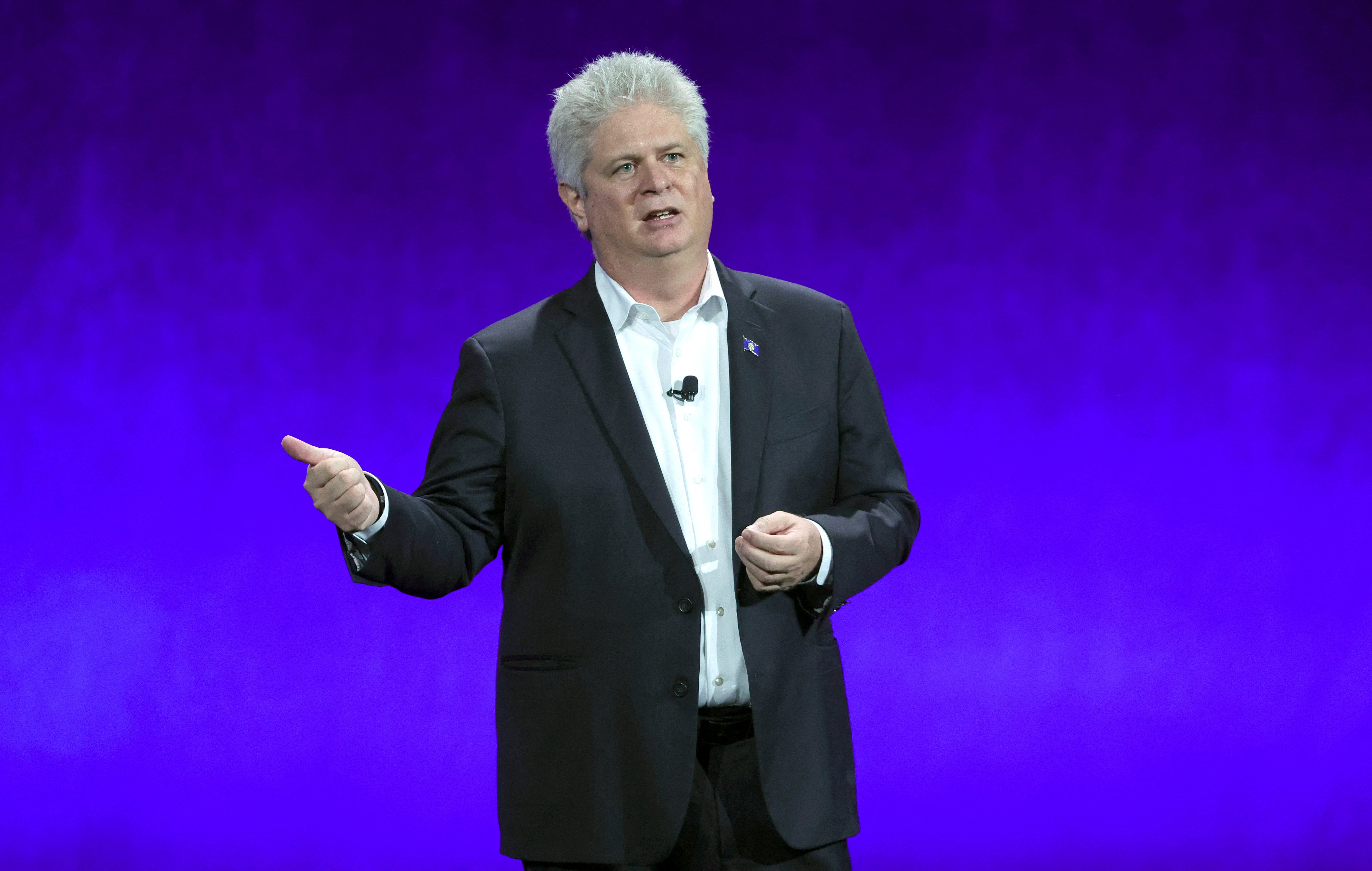 Michael O'Leary, president and CEO of Cinema United, speaks during a Lionsgate presentation at CinemaCon
