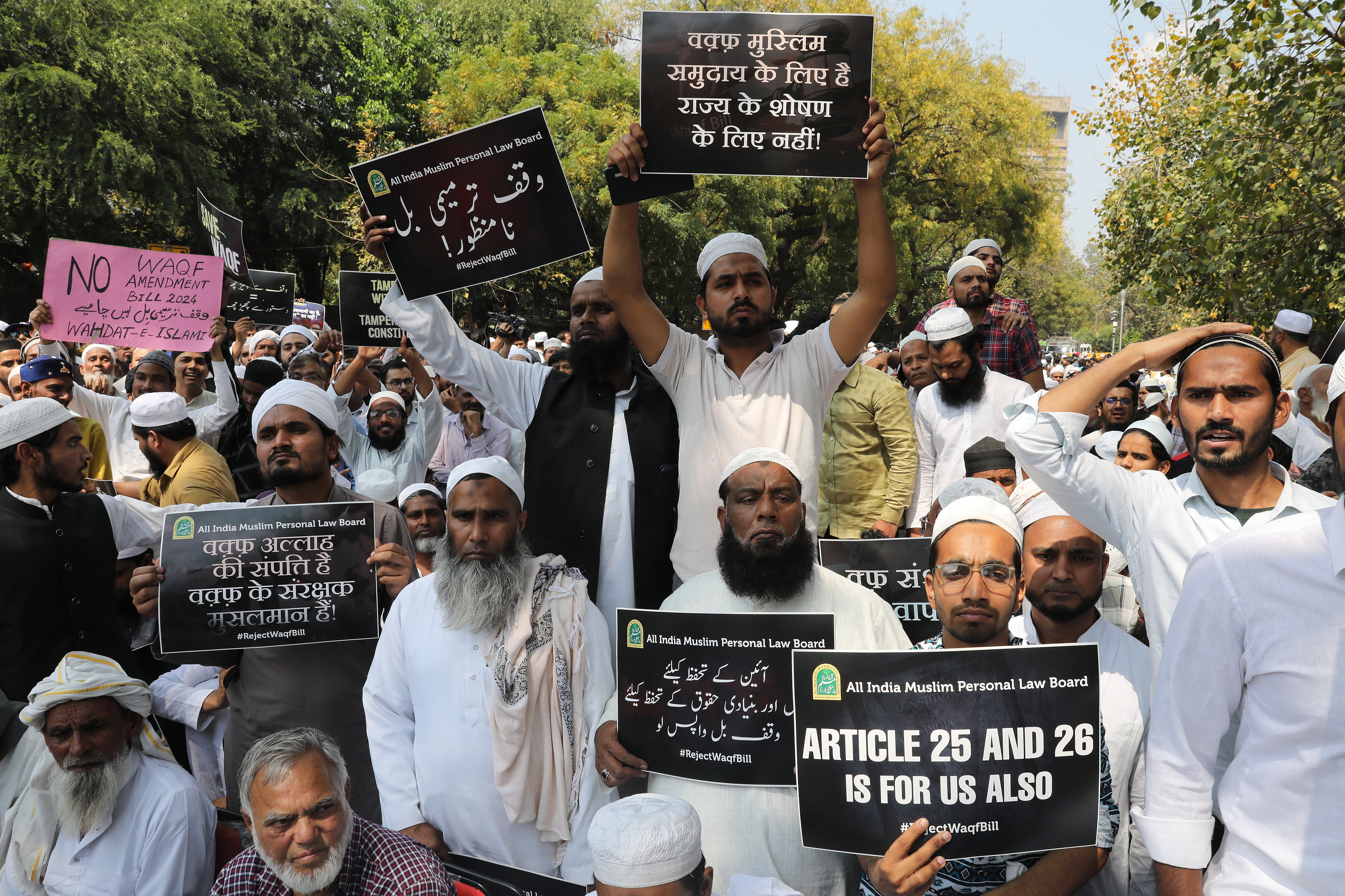 Members of the All India Muslim Personal Law Board (AIMPLB), along with various minority organisations, take part in a protest against the Waqf Amendment Bill, at Jantar Mantar in New Delhi, India, 17 March 2025