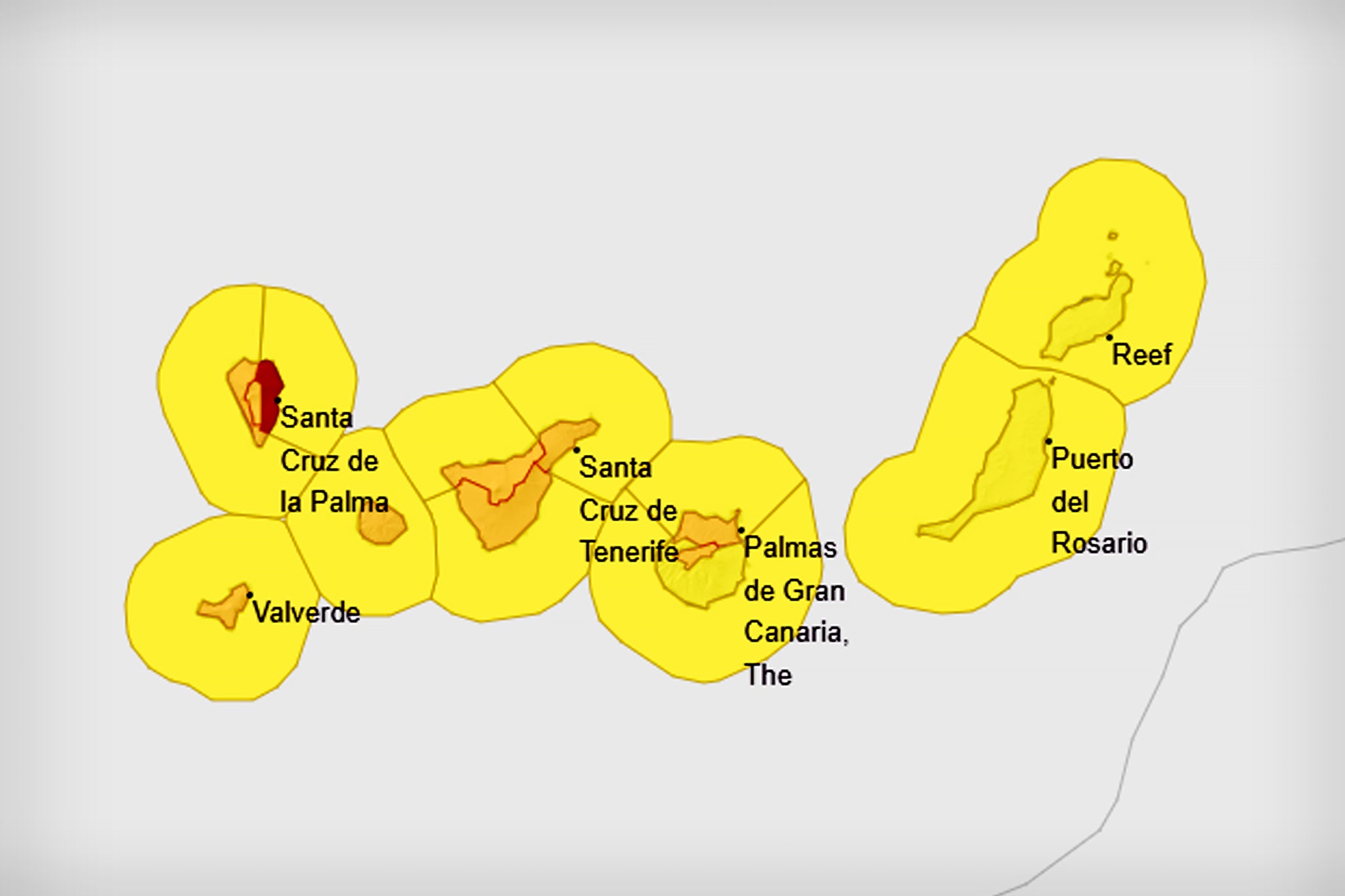 The red and amber warnings in place on the Canary Islands