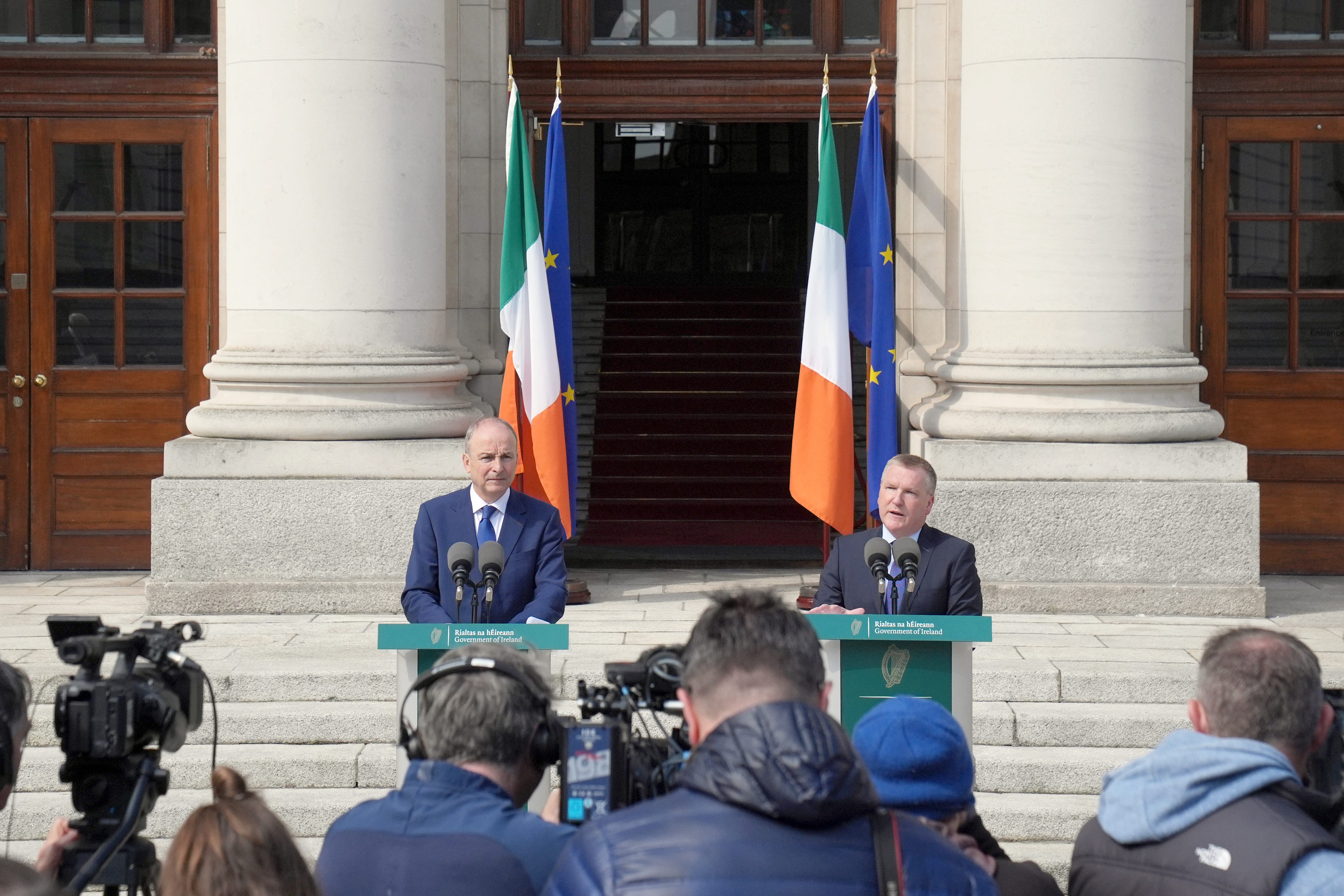 Taoiseach Micheal Martin (left) and Michael McGrath (right), EU Commissioner for Democracy, Justice, the Rule of Law and Consumer Protection, during a press conference following their meeting at Government Buildings in Dublin (Brian Lawless/PA)