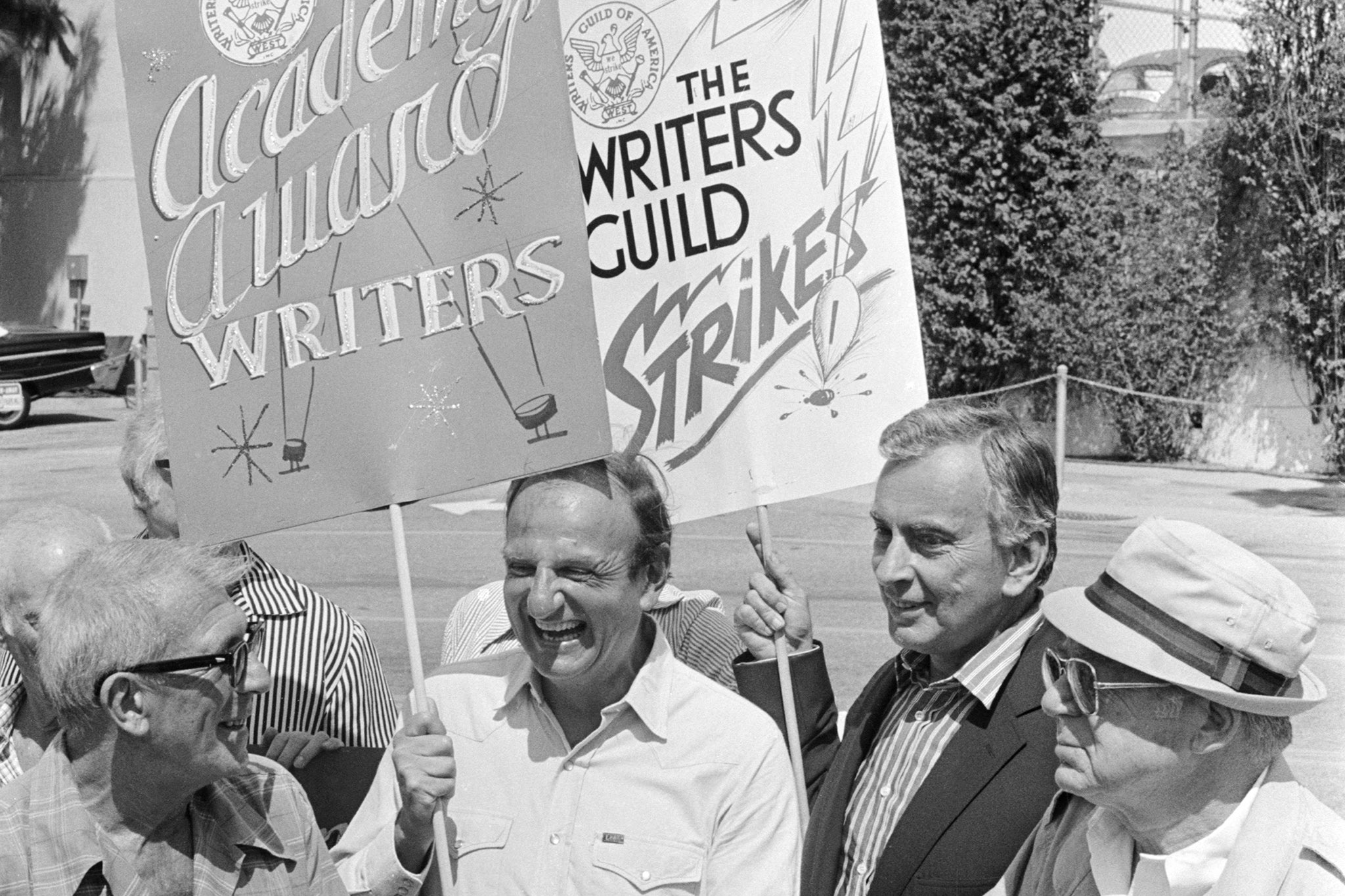 Oscar-winning writers, from left, Richard Brooks, Bo Goldman, Vidal and Billy Wilder join members of the Writers Guild of America during a massive picket outside the 20th Century Fox studios in Los Angeles in 1981