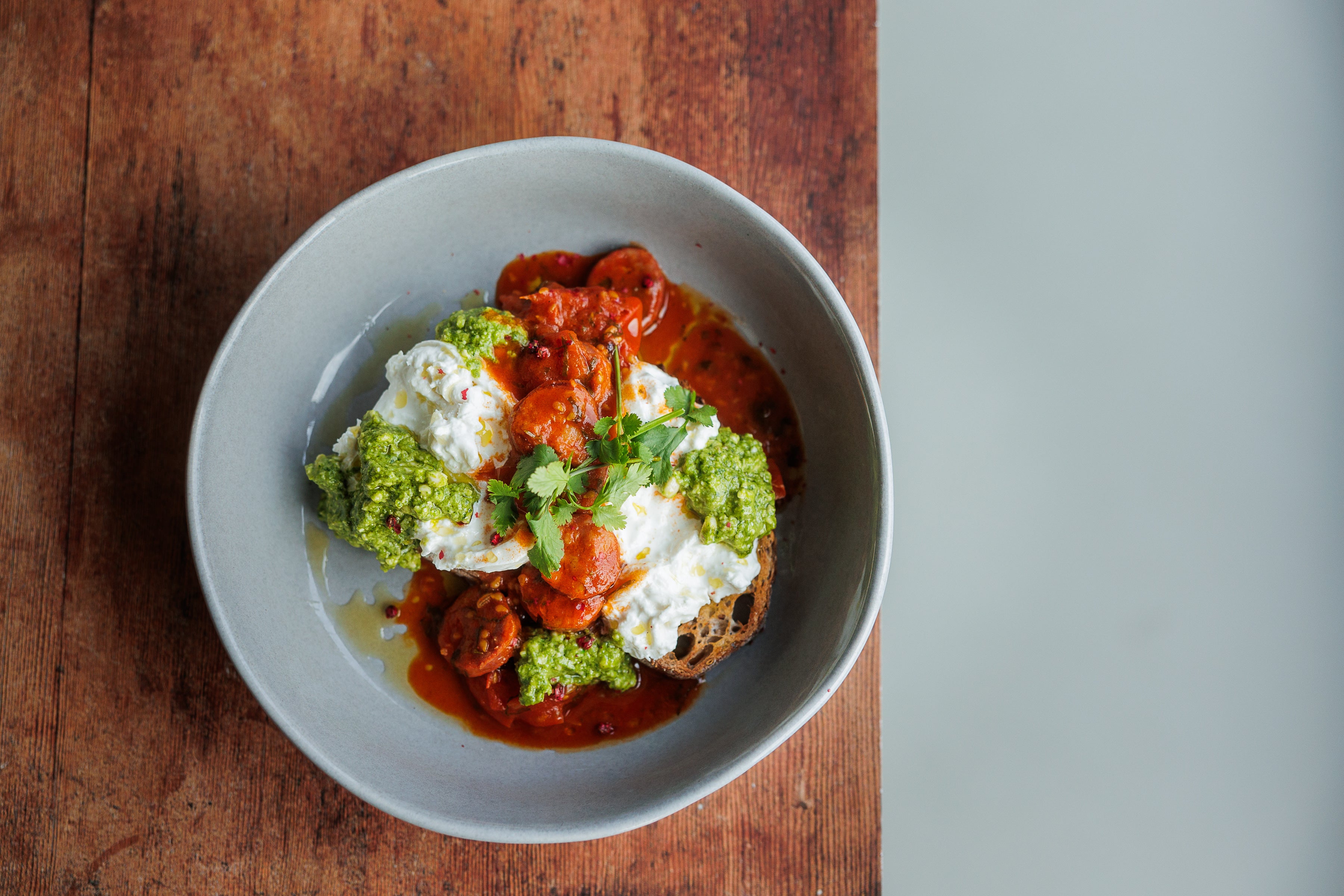 Zingy pesto, creamy burrata and chorizo heat – Clare Coghill’s brunch is not messing about