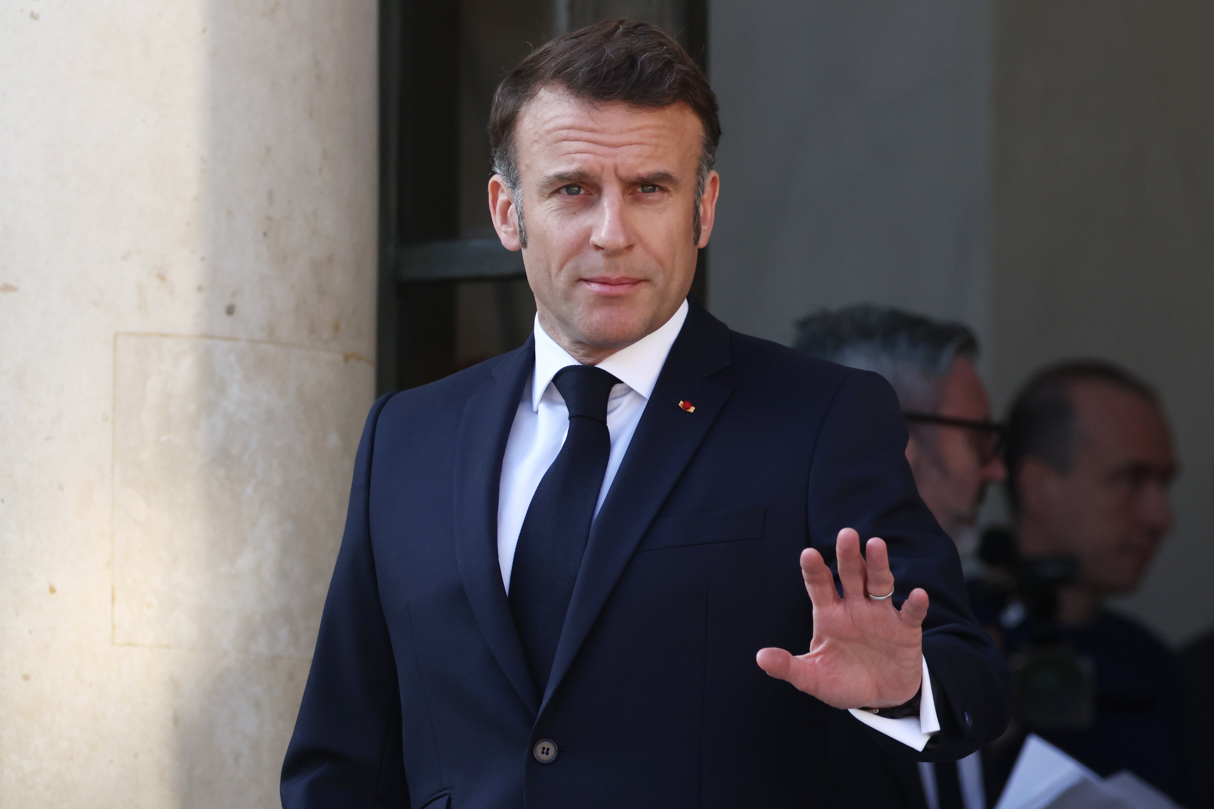 French President Emmanuel Macron awaits the arrival of guests at the Elysee Palace on March 27, 2025, in Paris, France. He has suggested that Europe stop investing in the U.S. amid Trump’s trade war