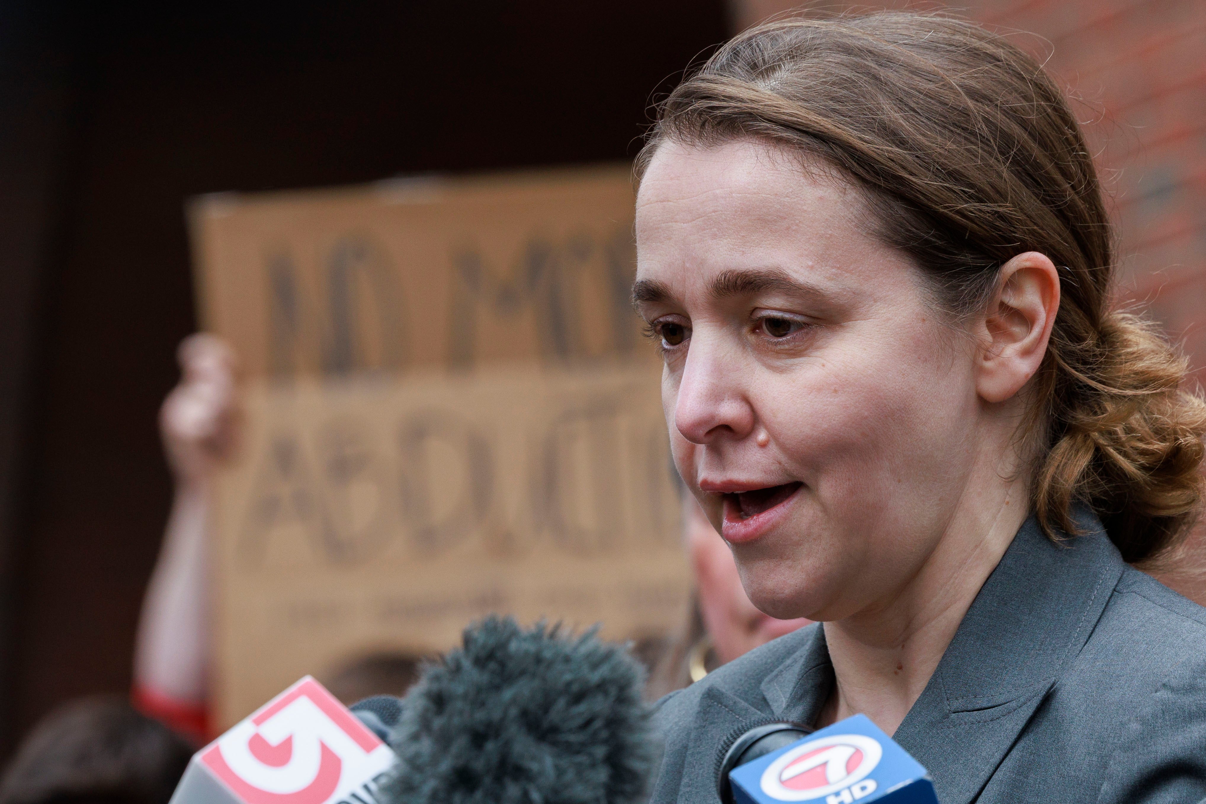 ACLU attorney Adriana Lafaille speaks to reporters and Rumeysa Ozturk’s supporters after a court hearing in Boston on April 3