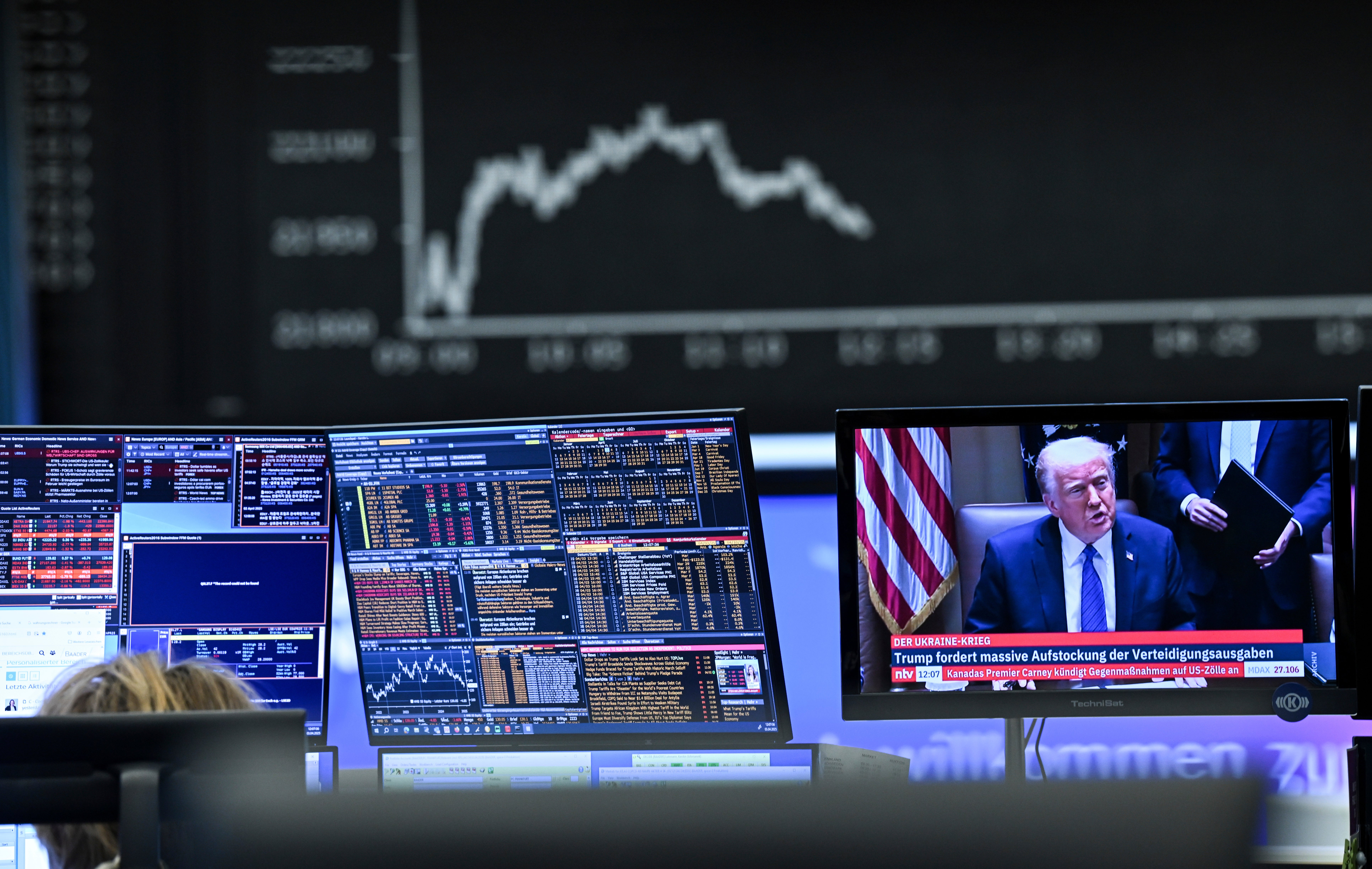 Behind a television monitor showing US president Donald Trump, the display board with the Dax curve shows falling share prices, in Frankfurt, Germany, Thursday