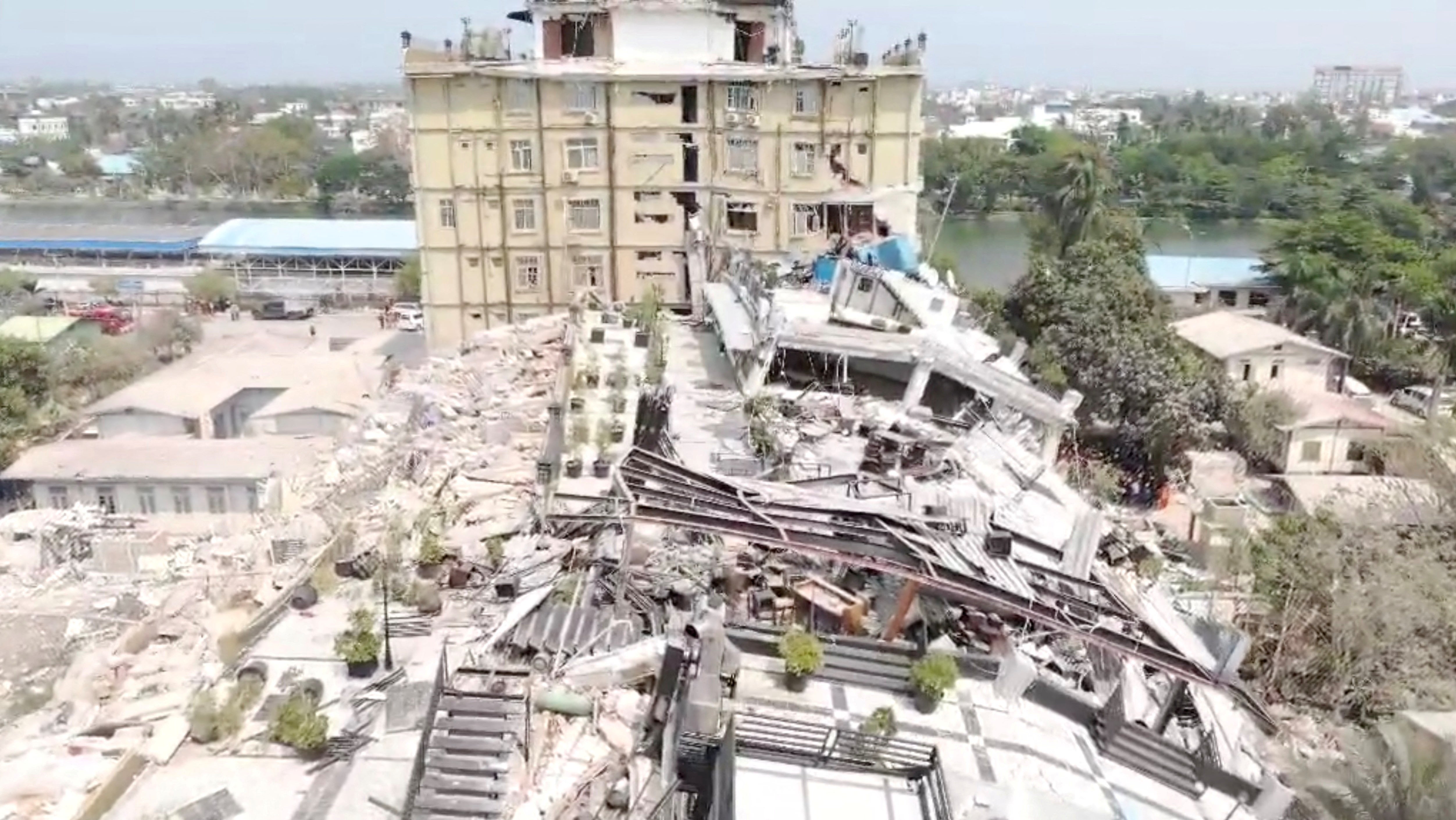 Aerial video from Myanmar shows flattened building after earthquake