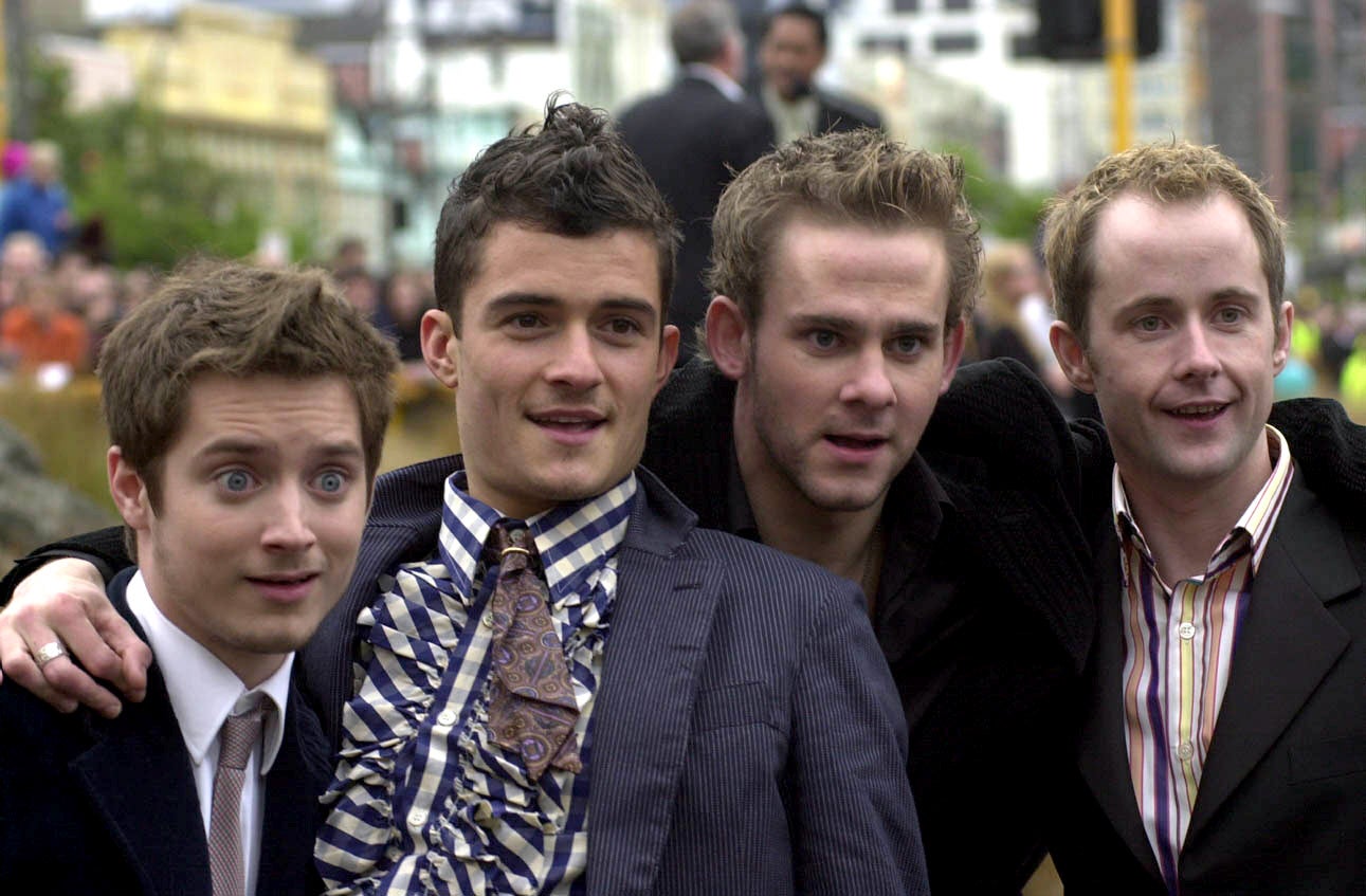 Elijah Wood, Orlando Bloom, Dominic Monaghan, and Billy Boyd at the Lord of the Rings Australasian premiere in 2001