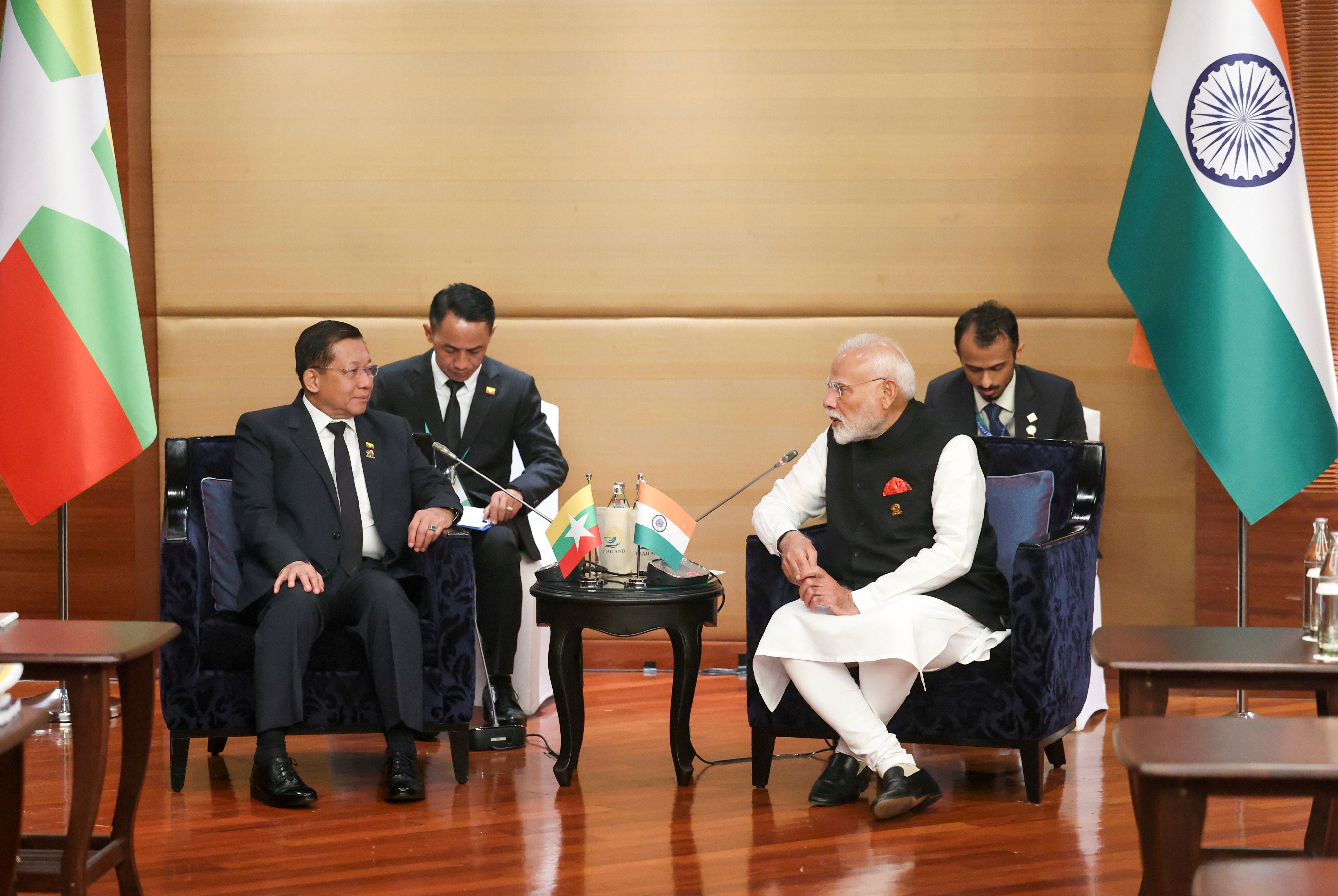 Indian Prime Minister Narendra Modi meet Myanmar's Senior General Min Aung Hlaing at BIMSTEC Summit, in Bangkok, Thailand, 4 April