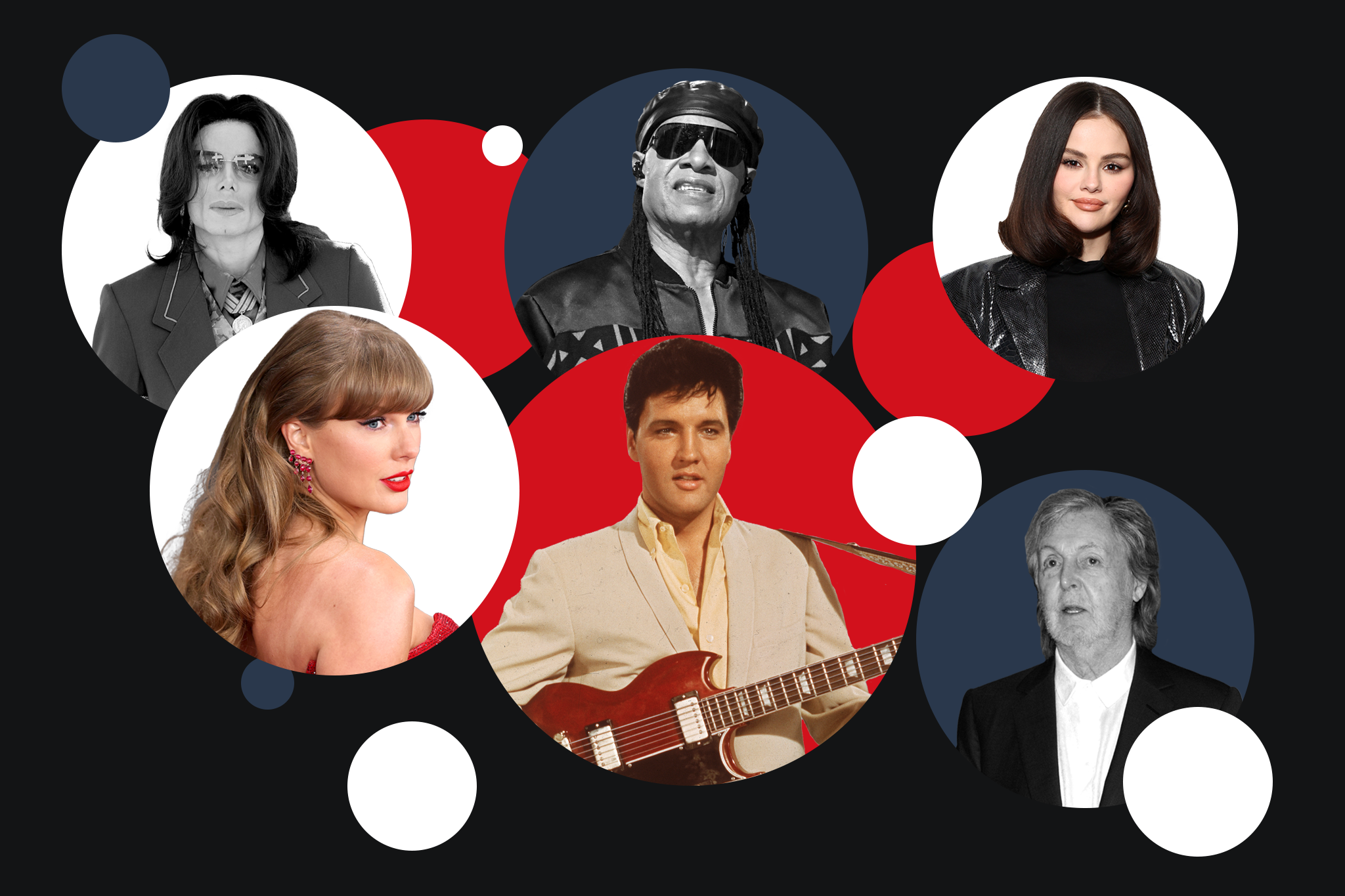 Clockwise from left: Taylor Swift, Michael Jackson, Stevie Wonder, Selena Gomez, Paul McCartney and Elvis Presley