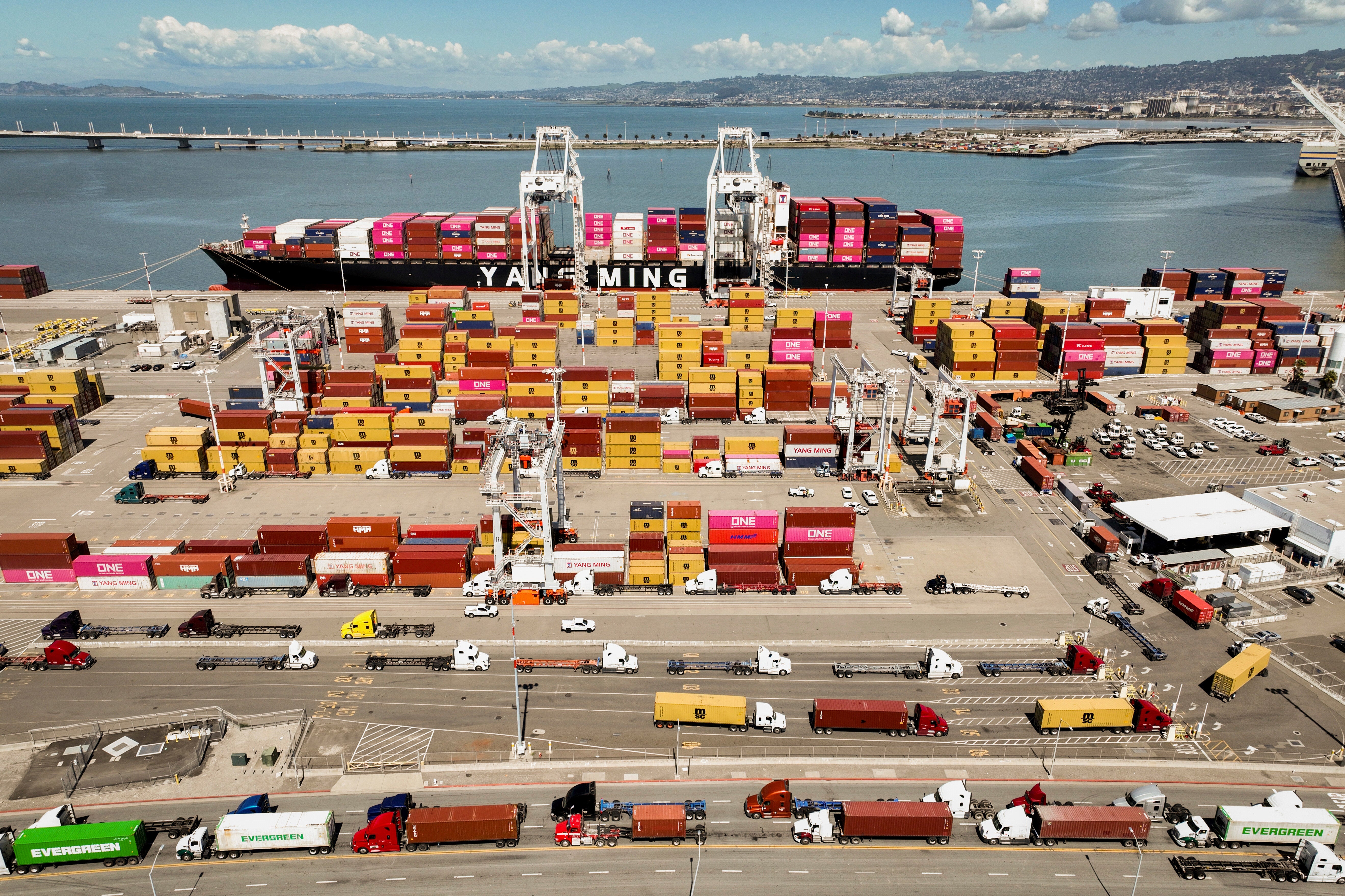 A ship docked at the Port of Oakland in California