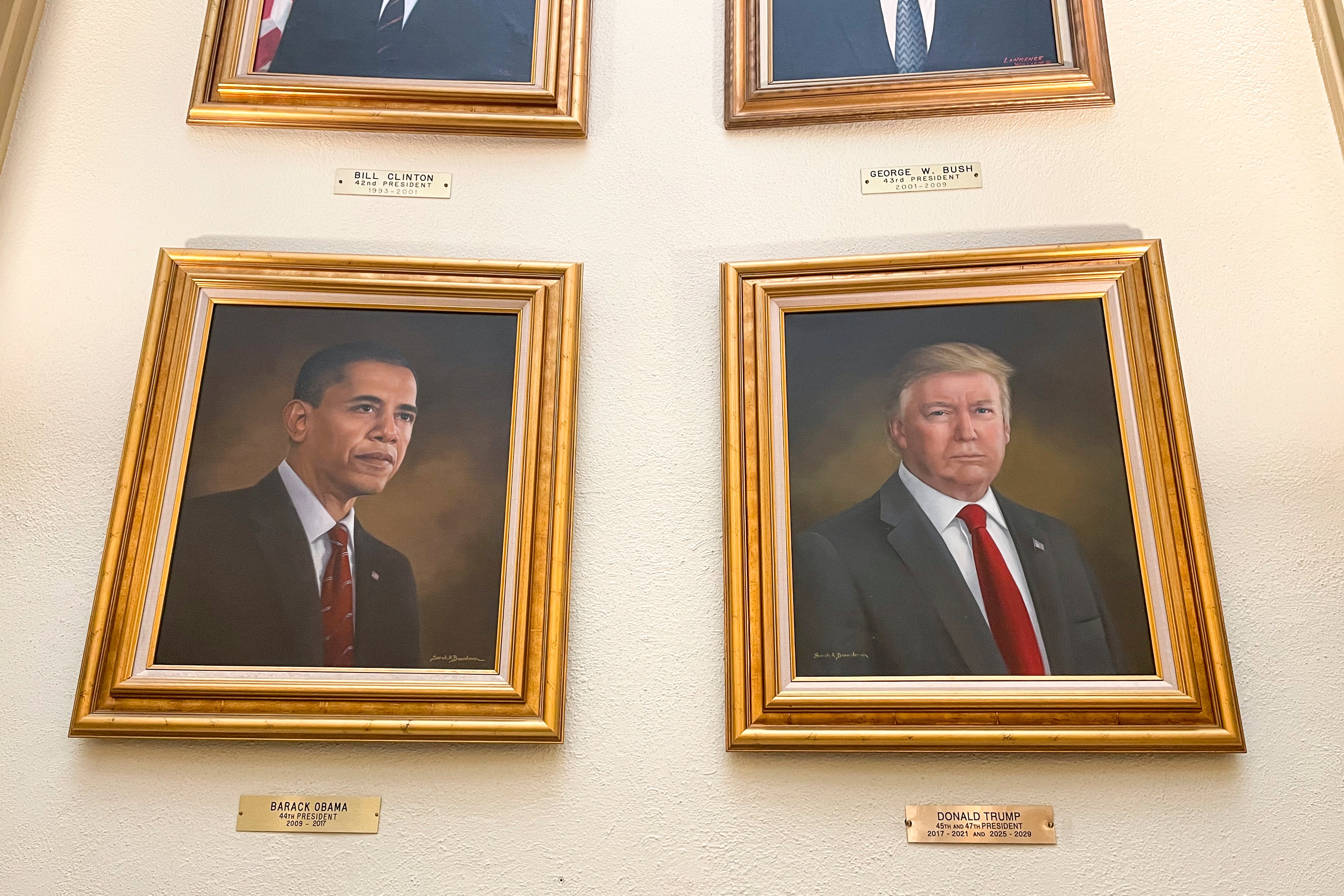 Portraits of President Donald Trump and former President Barack Obama by artist Sarah Boardman