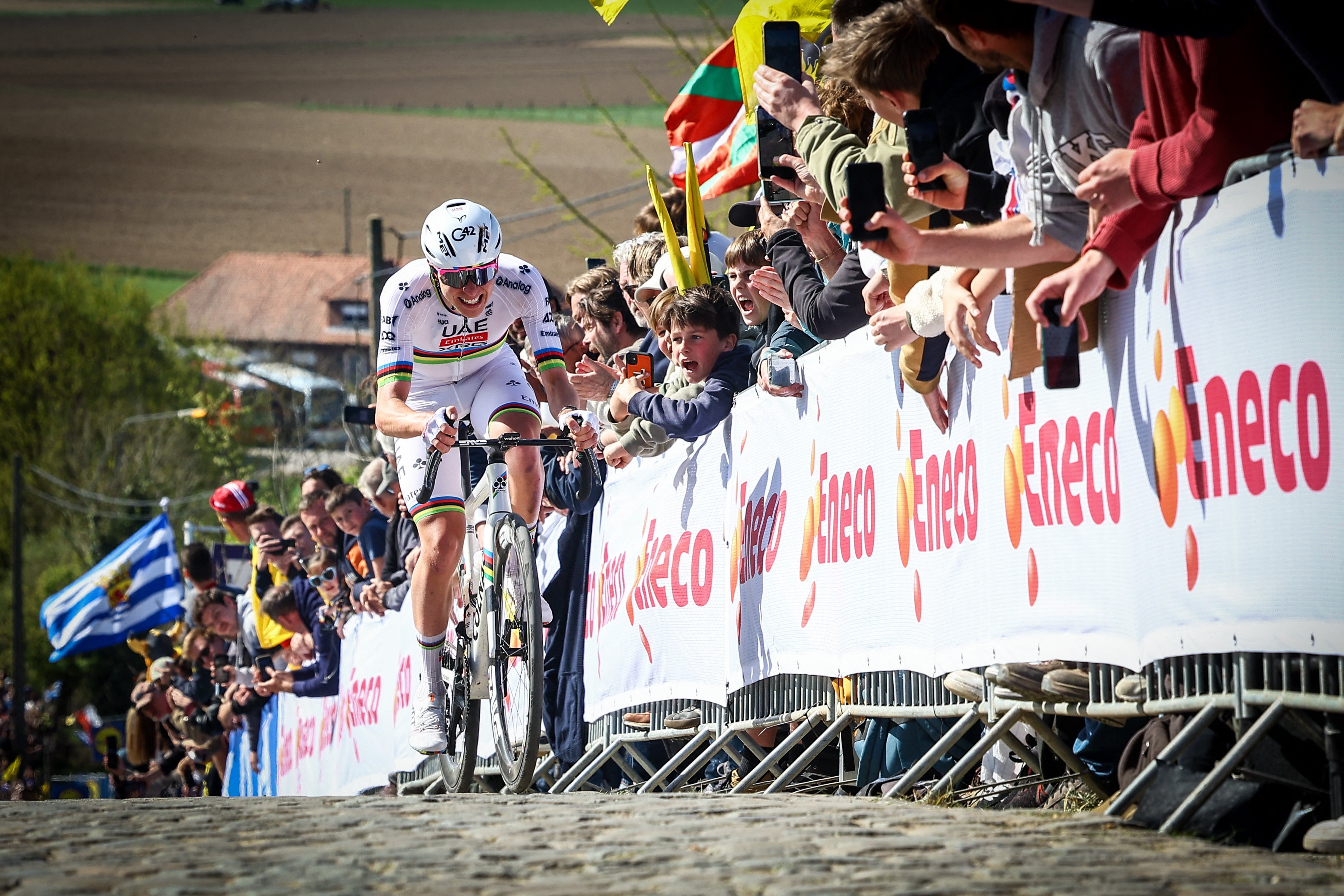 Tadej Pogacar blasted away over the cobbled climbs of Flanders