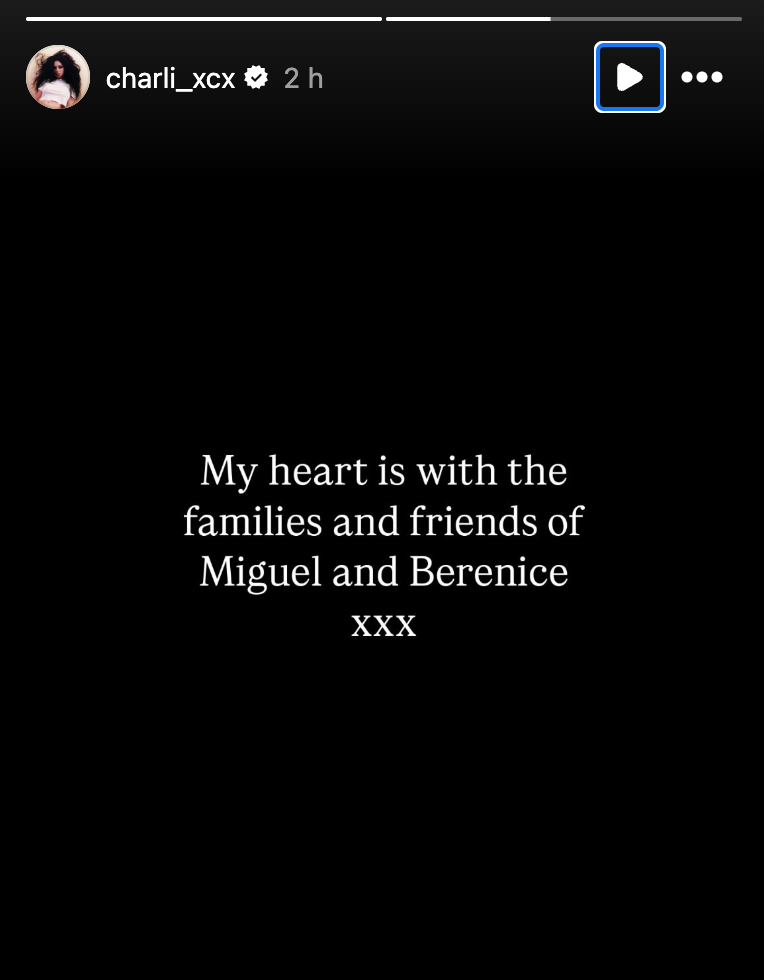 Charli XCX sent her condolences to the families and friends of the event photographers killed in the accident