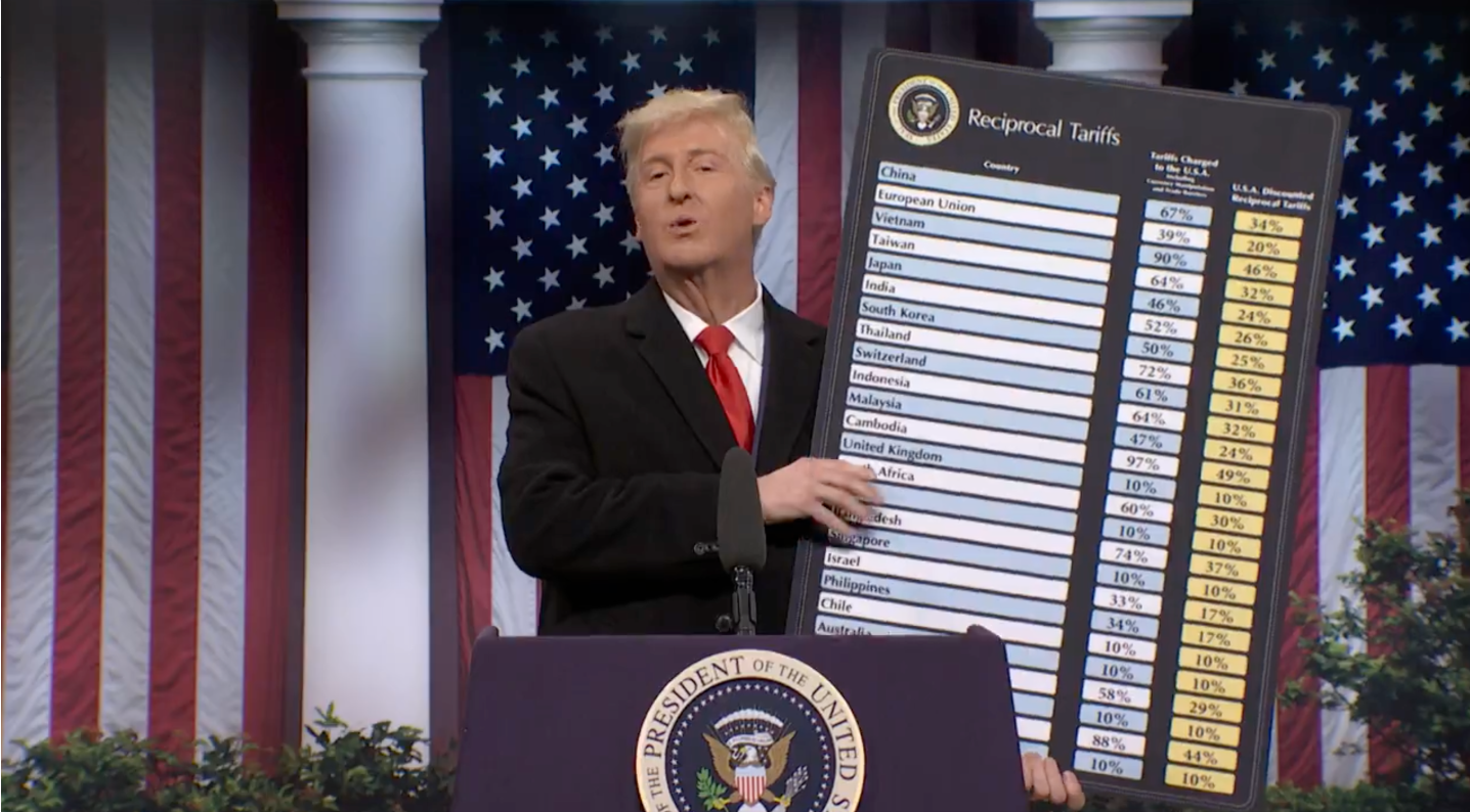 James Austin Johnson portrayed Donald Trump on Saturday Night Live, mocking his massive board laying out his new tariffs