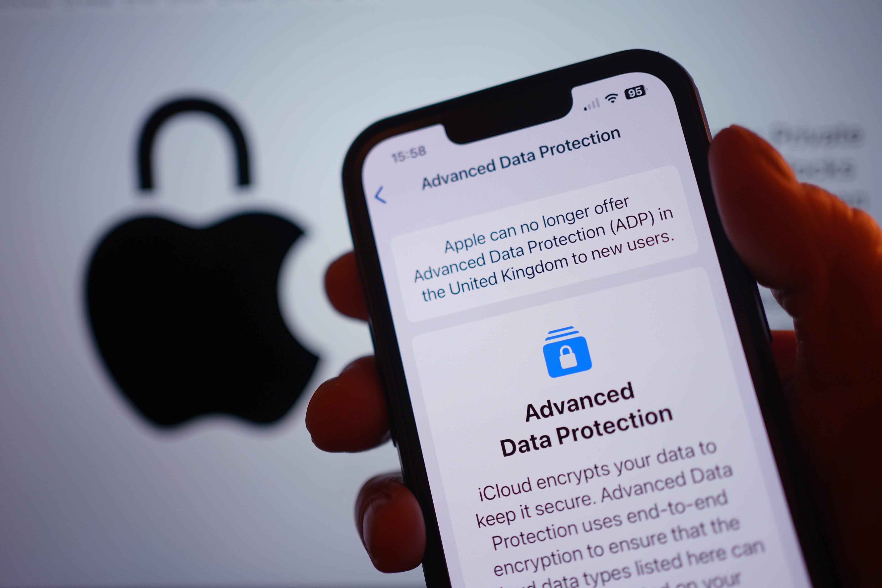 A message on an iPhone in London warning that Apple can no longer offer Advanced Data Protection to its customers in the UK (Yui Mok/PA)