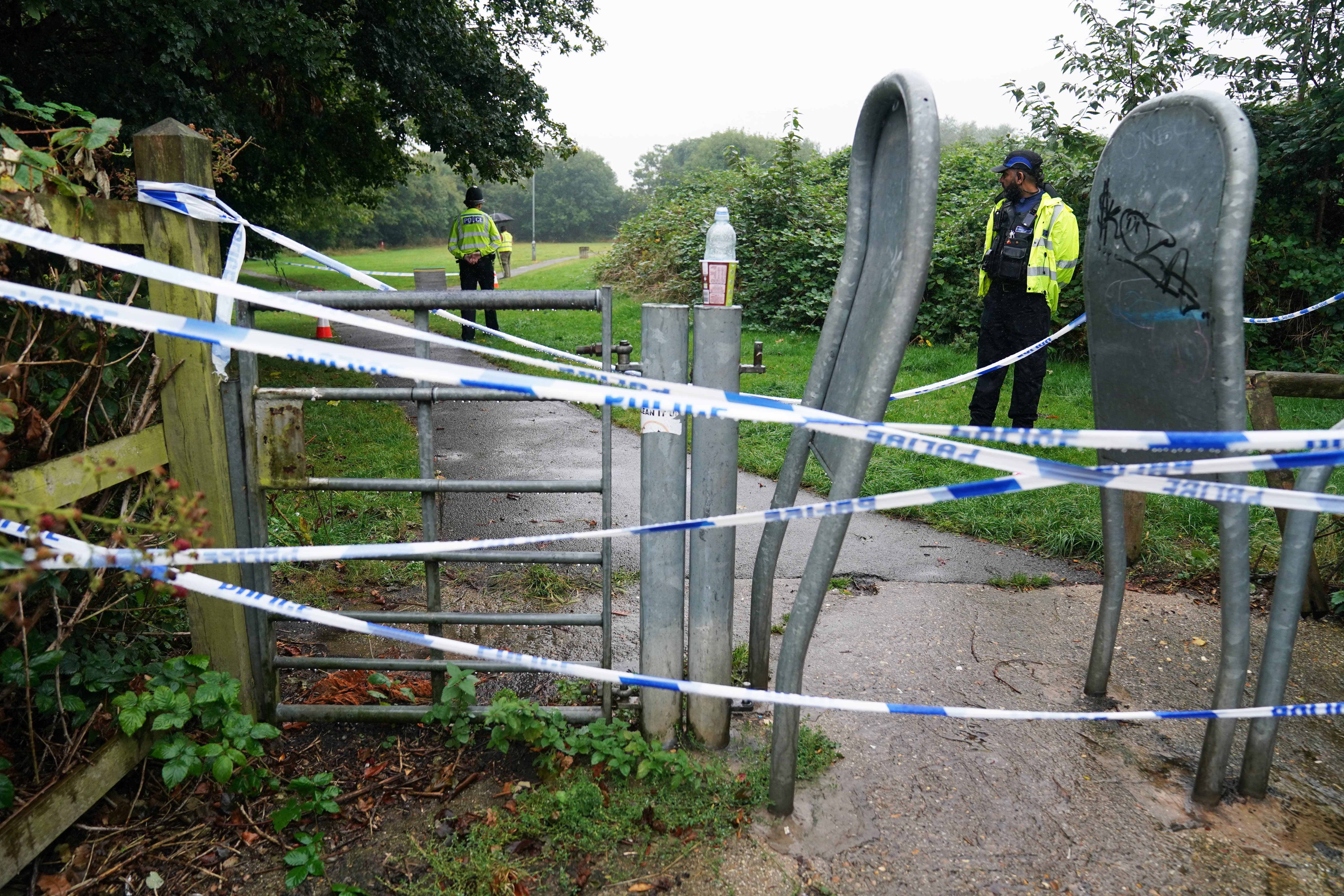 Police officers at the scene in Franklin Park, Leicester (PA)