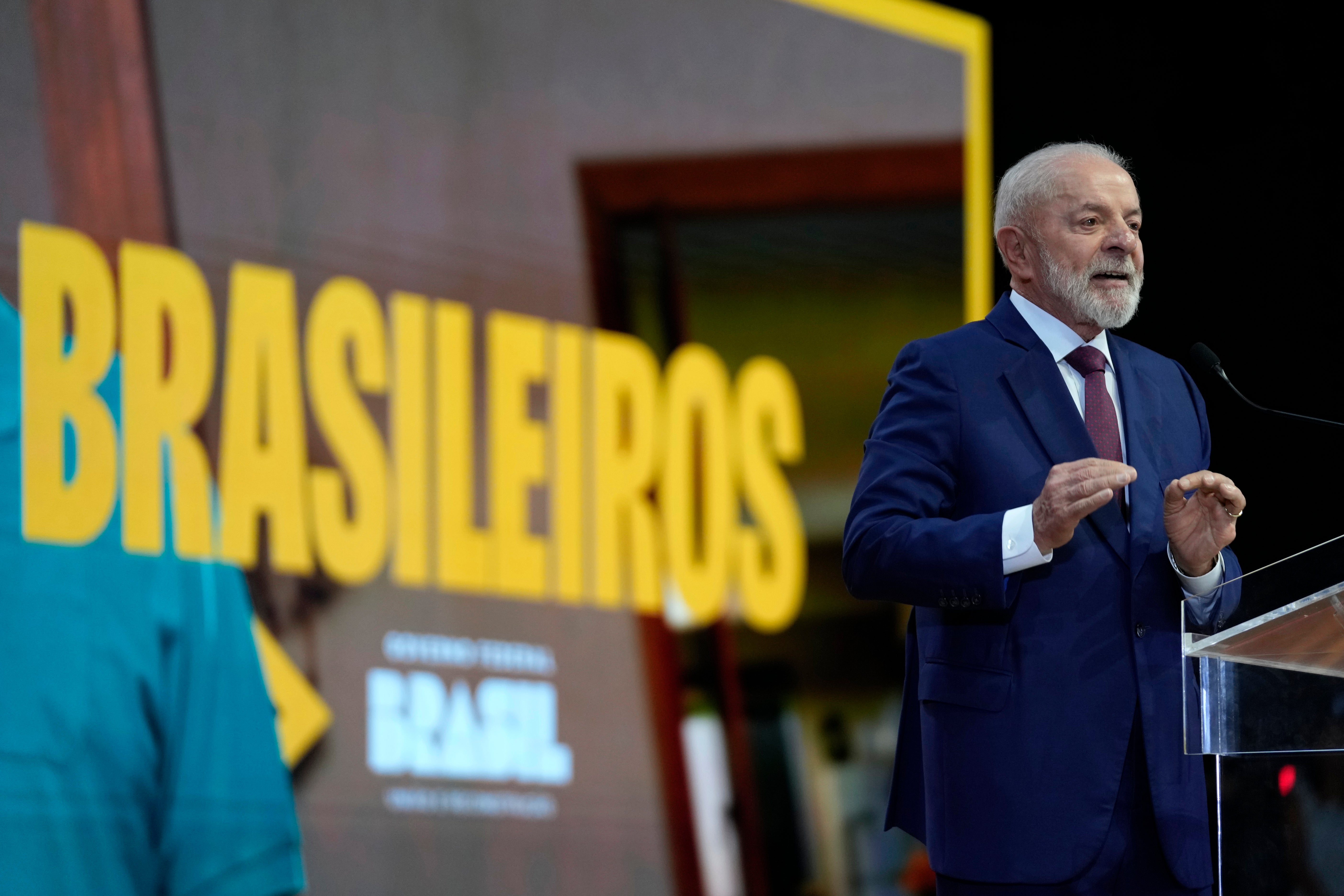 Brazil's President Luiz Inacio Lula da Silva speaks during a presentation of the federal government's achievements in the past two years, in Brasilia, Brazil, Thursday, April 3, 2025. (AP Photo/Eraldo Peres)