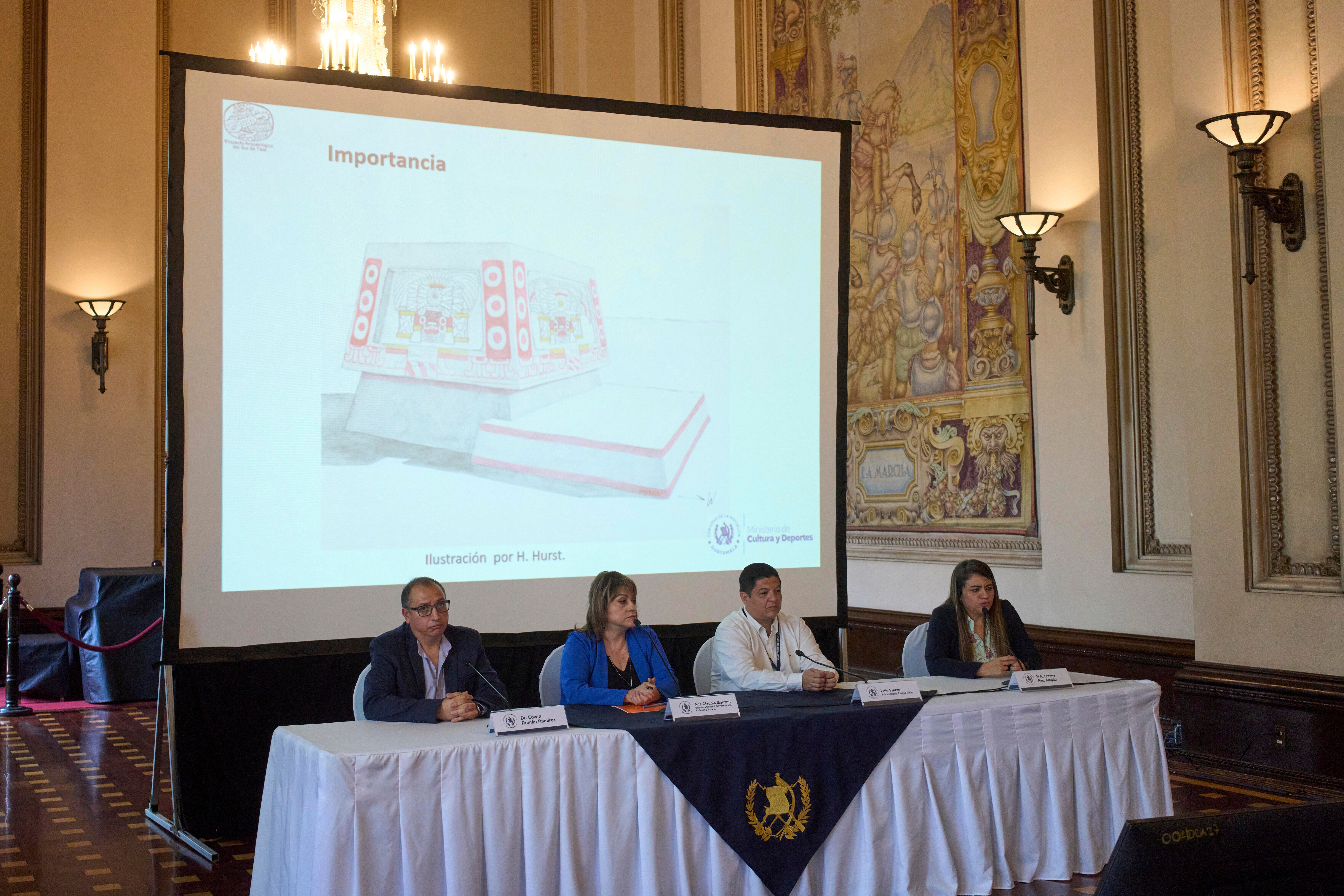 An illustration of the altar recently discovered by archaeologist Lorena Paiz, right