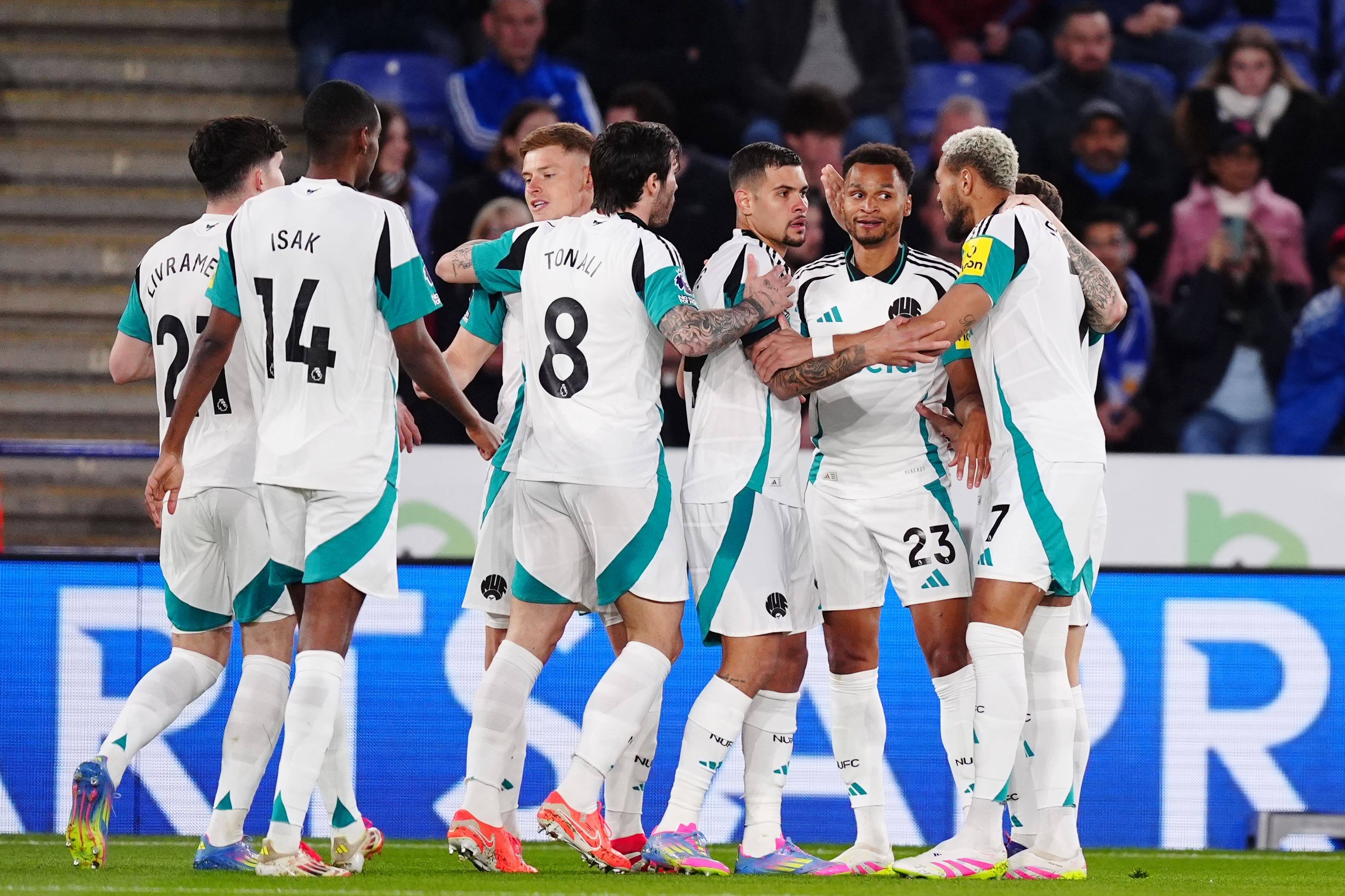 Newcastle’s Jacob Murphy celebrates with his team-mates during the win at Leicester (Mike Egerton/PA)