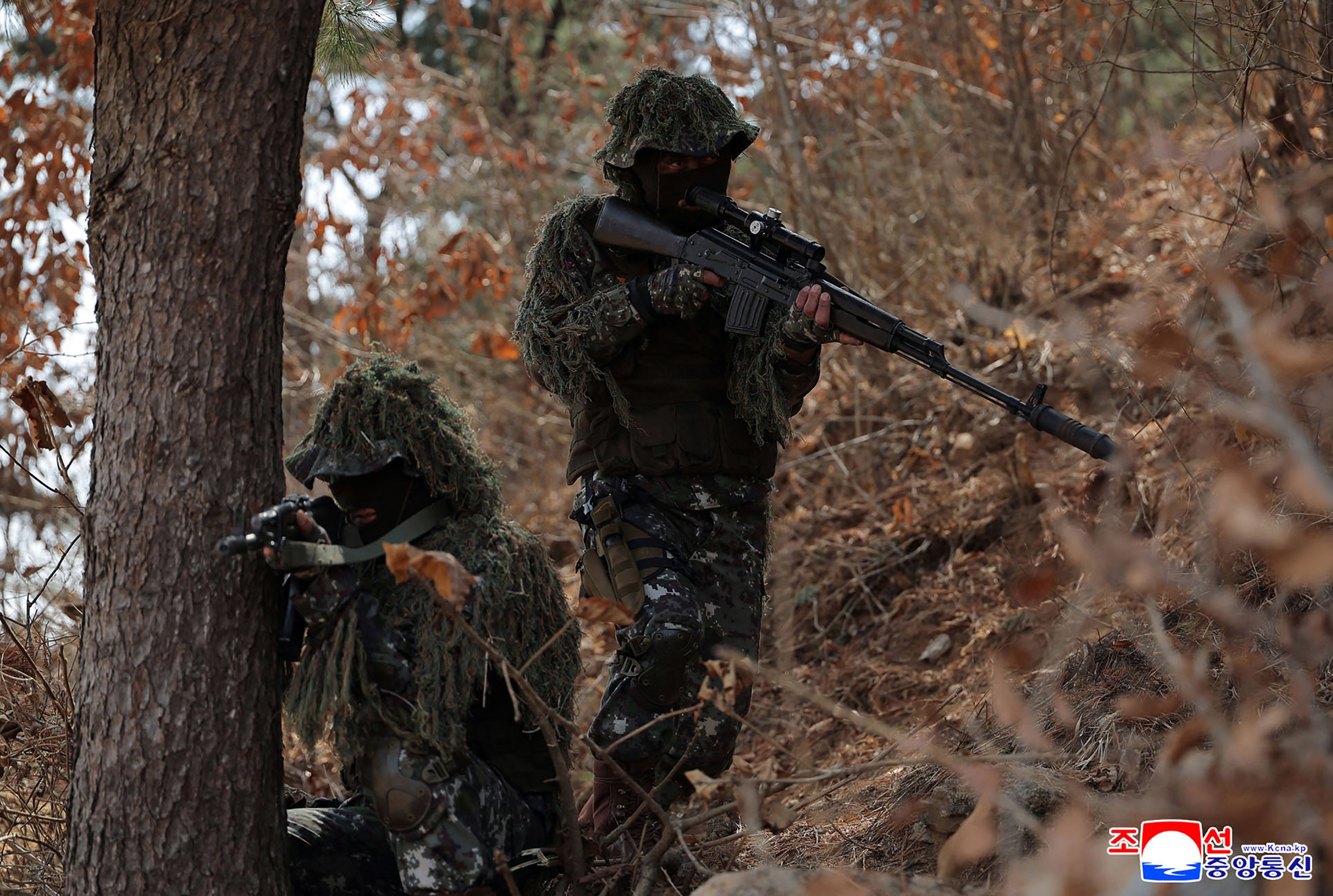 Members of the Korean People's Army's taking part in comprehensive training exercises at a training base at an undisclosed location in North Korea on 4 April 2025