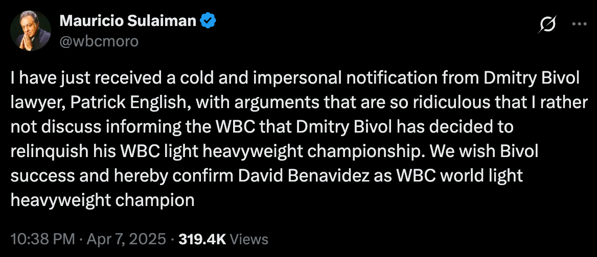 WBC president Mauricio Sulaiman provides an update on Dmitry Bivol’s title reign