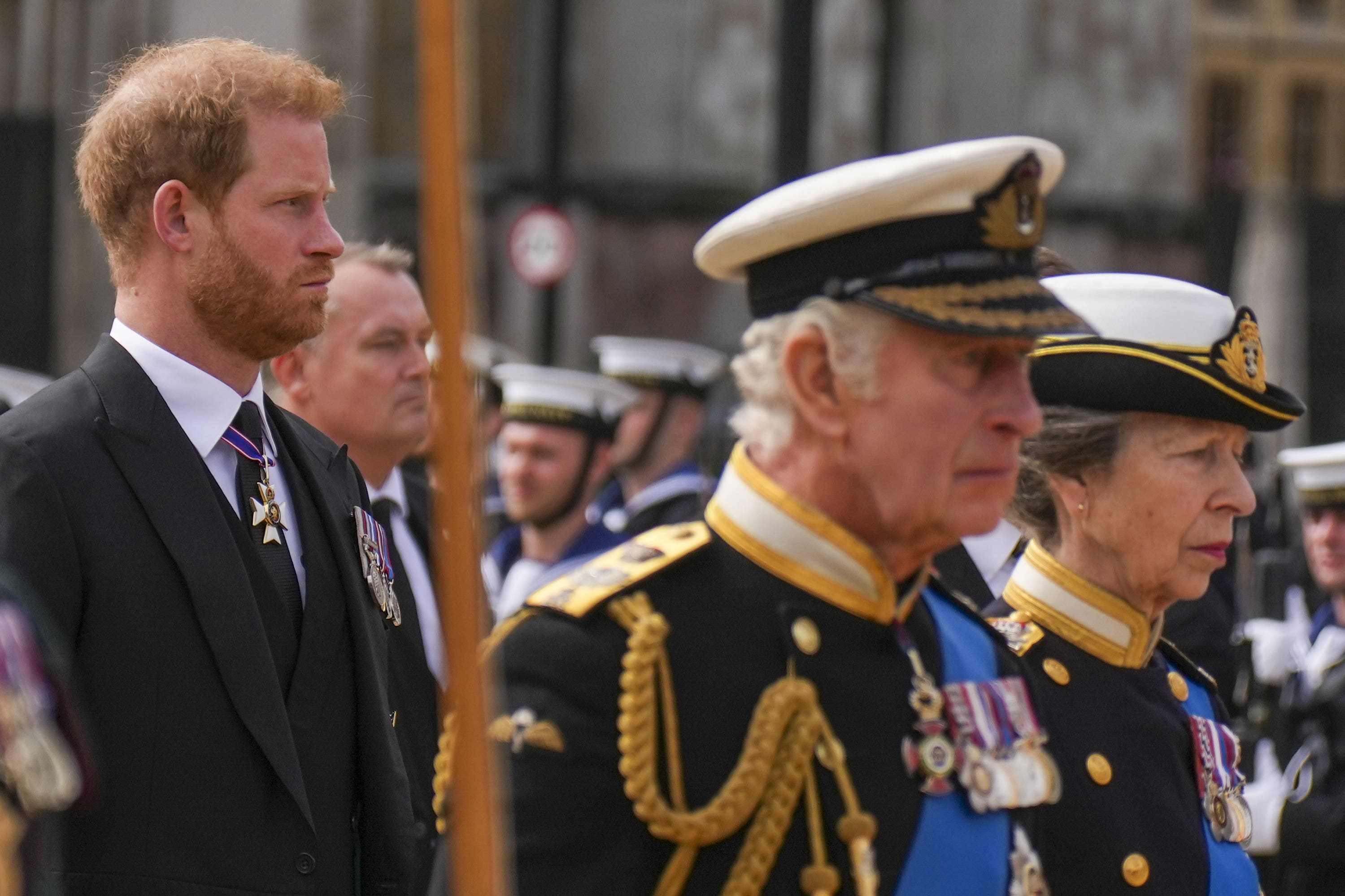 Harry and the King at the funeral of Queen Elizabeth II (Emilio Morenatti/PA)