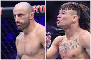 Alexander Volkanovski (vlevo) a Diego Lopes se střetávají v headlineru UFC 314