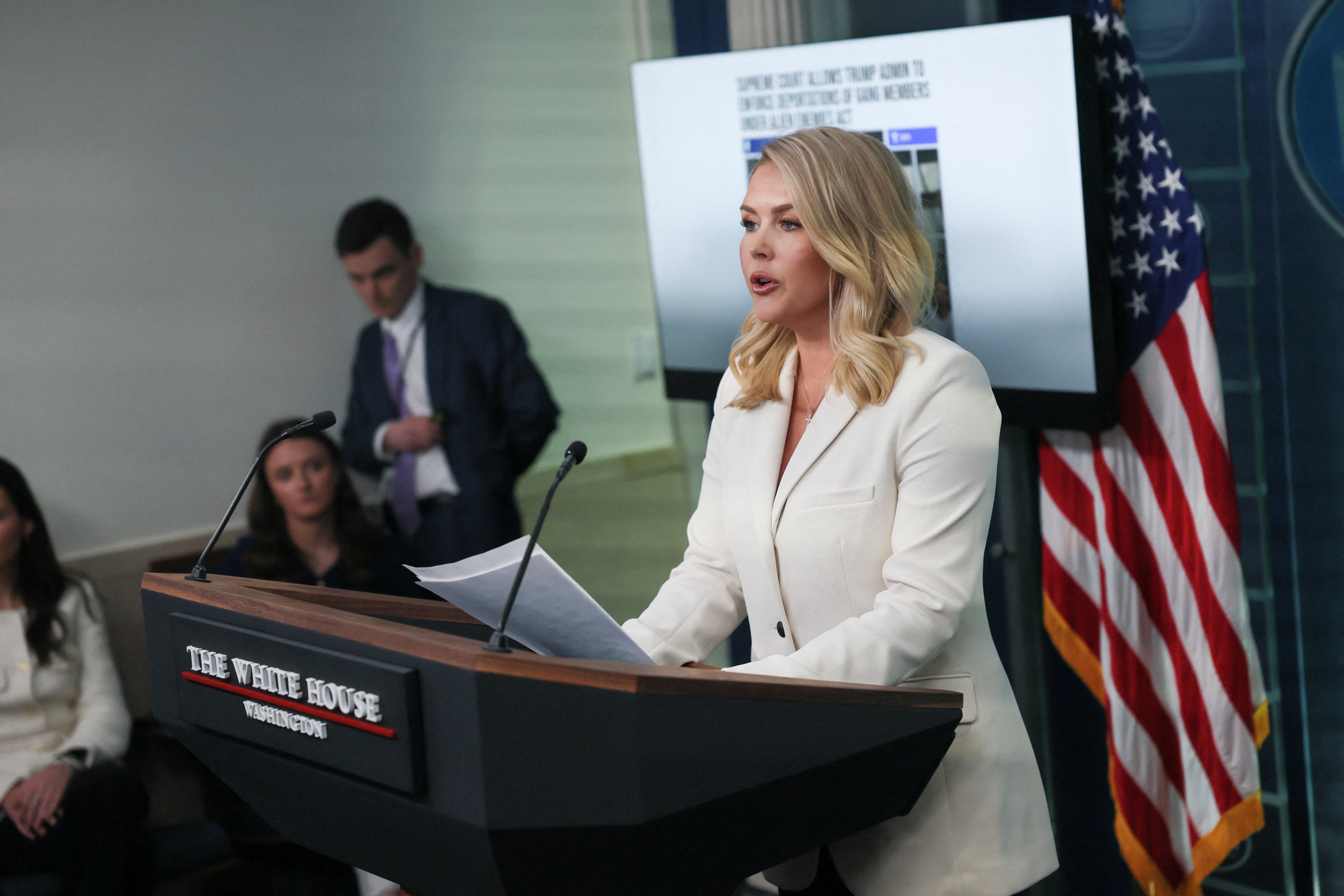 White House press secretary Karoline Leavitt speaks at a press briefing. The White House is now refusing to distribute pool reports it doesn’t like